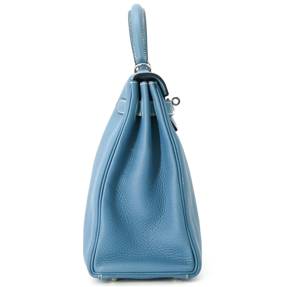 HERMES Kelly 28 Handbag Tote Bag, Taurillon Clemence Leather, Women's, Blue Jean — Like New