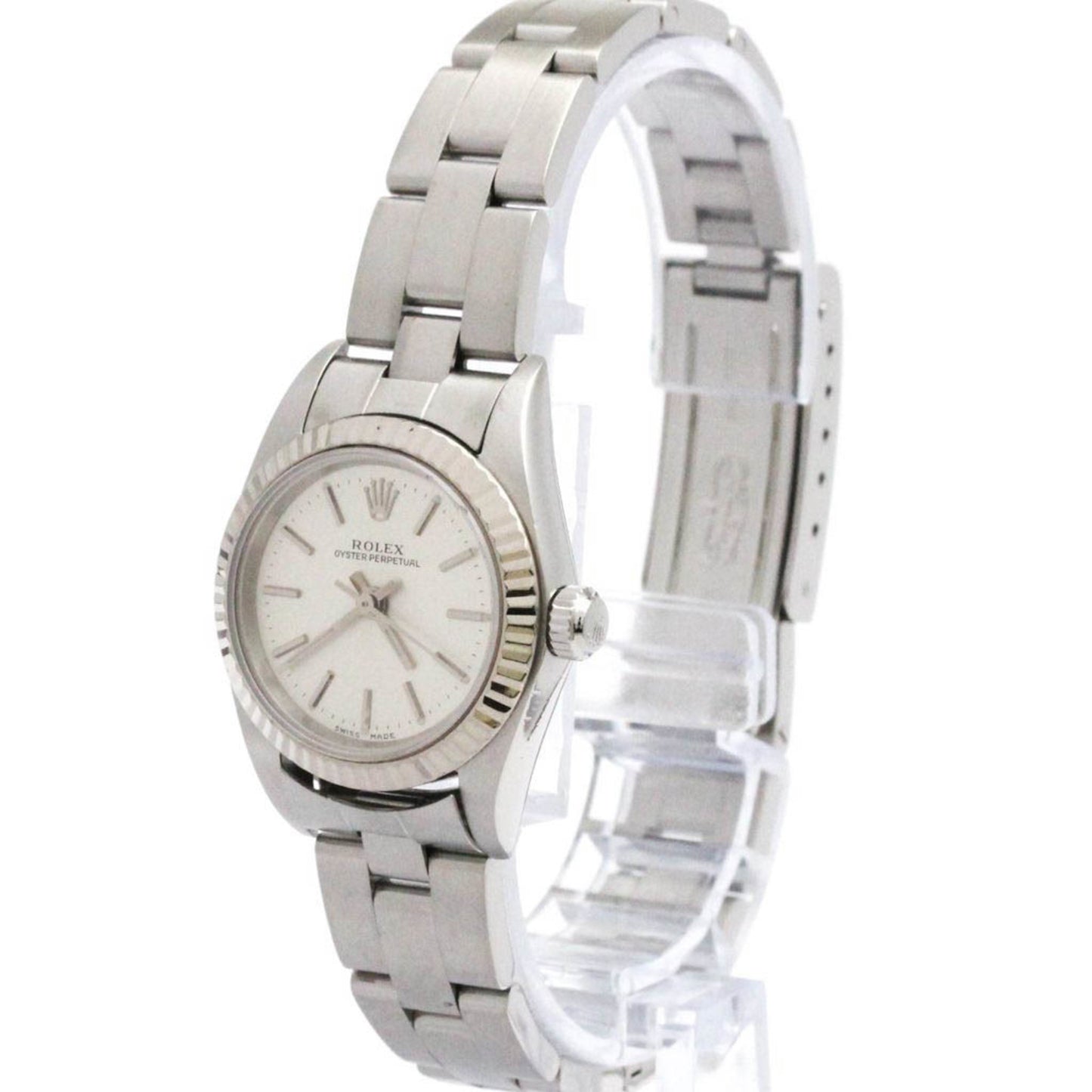 ROLEX Oyster Perpetual 76094 K Serial White Gold Steel Watch Polished