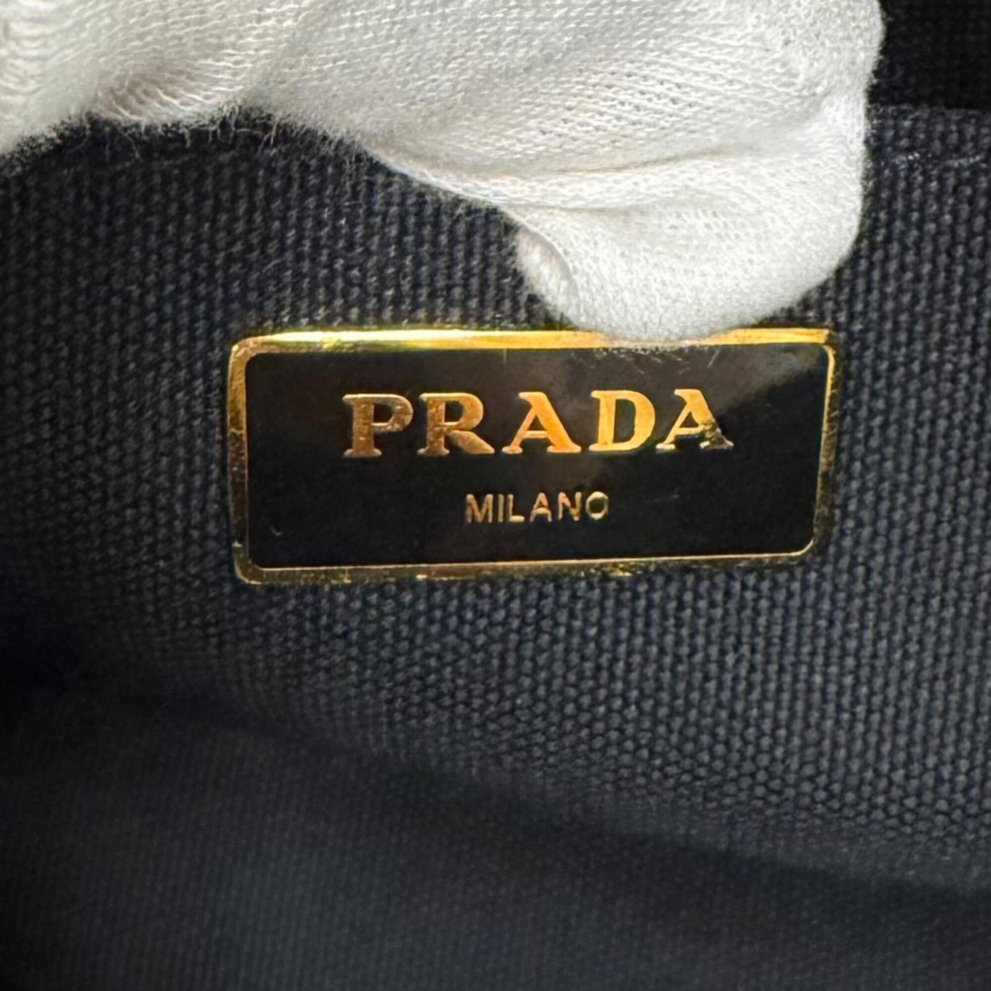 PRADA 1BG439 Canapa NERO Triangle Logo Plate Design Canvas 2-way Tote Bag for Women with Dust — Like New