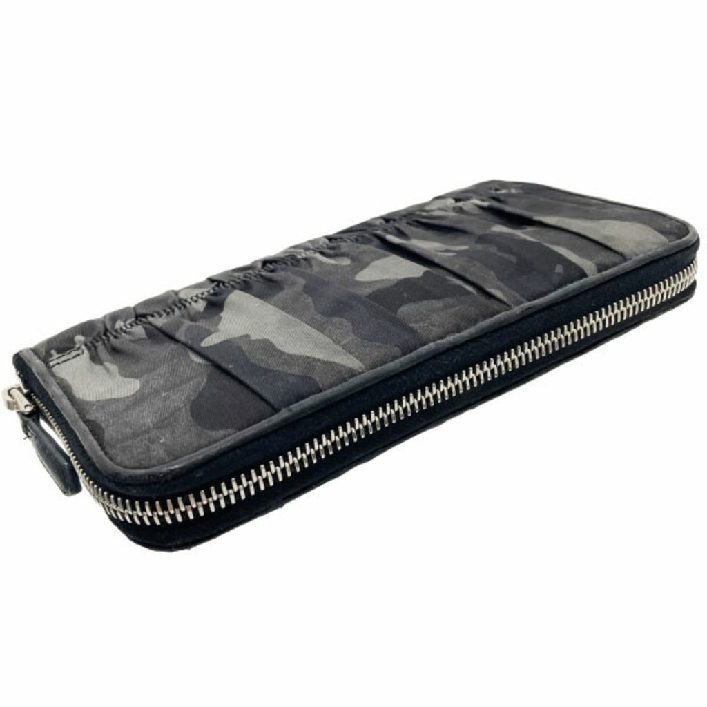 Prada Camouflage Round Long Wallet, Nylon and Leather, Gray Black, 1M0506, PRADA Pattern, Shirring, Gathered Pleats, YY-15718