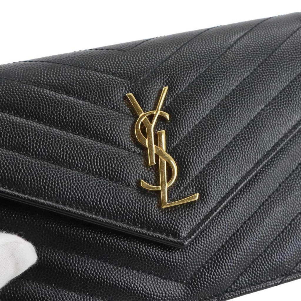 Saint Laurent Cassandre Envelope Chain Wallet, black leather with gold hardware (product number 742920).