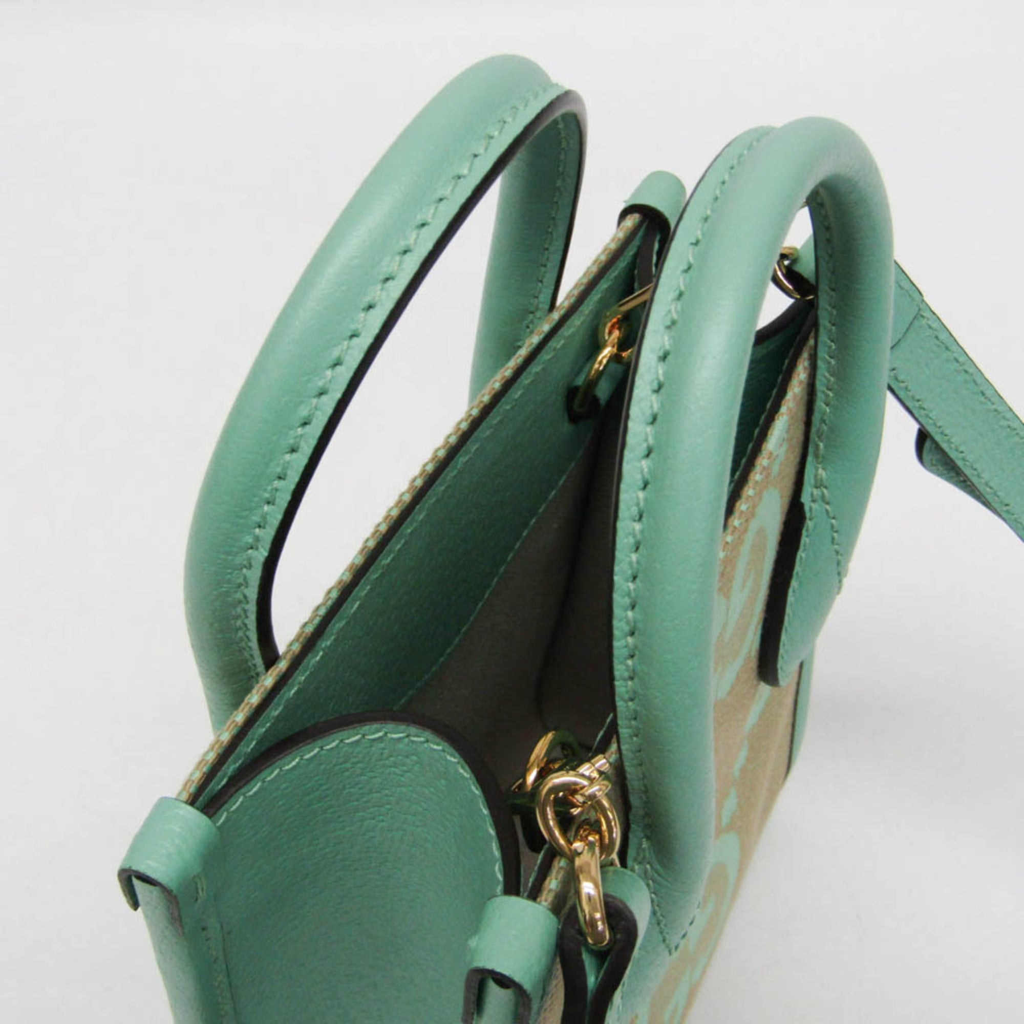 Gucci Jumbo GG 671623 Women's Canvas,Leather Handbag,Shoulder Bag Beige,Light Green — Like New