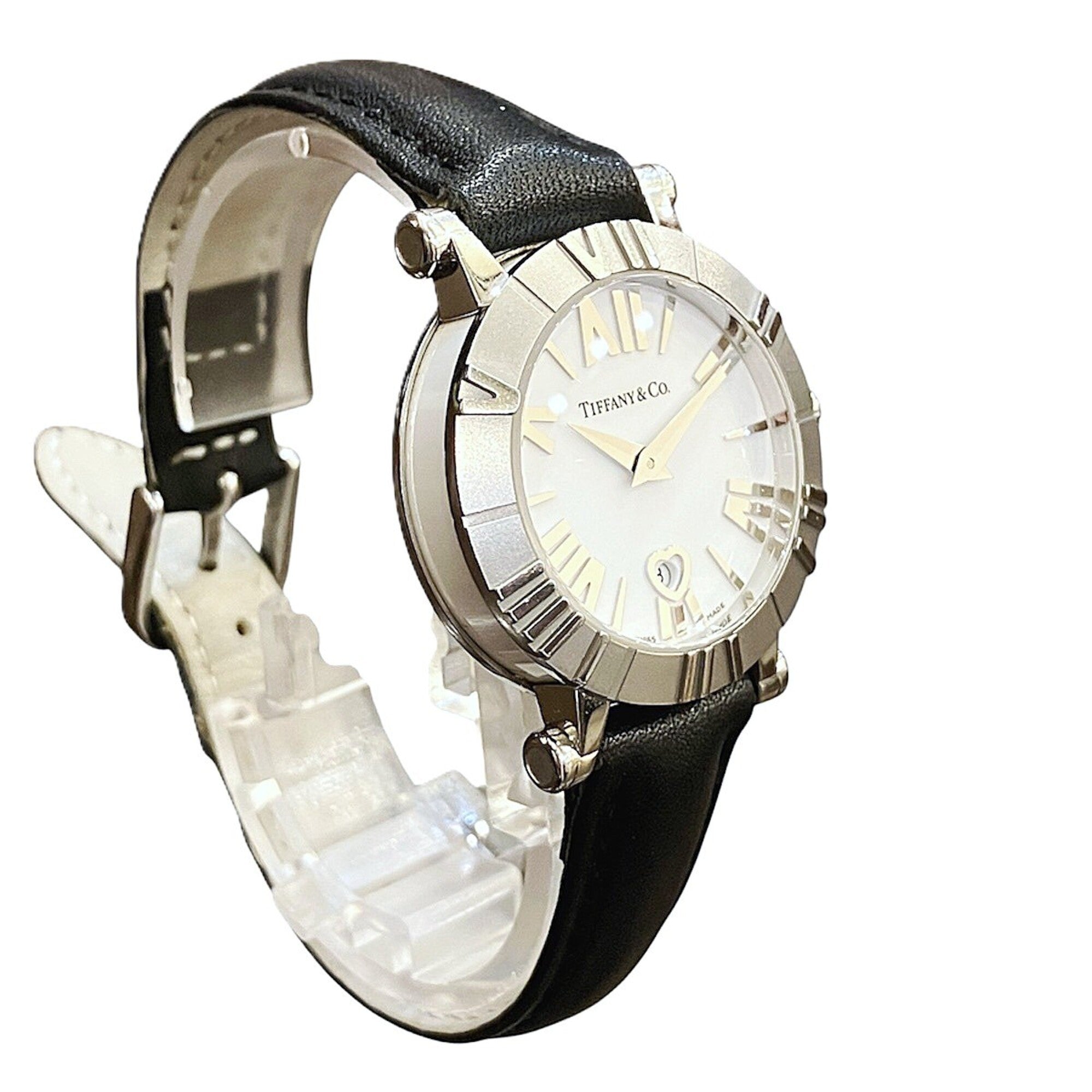 Tiffany & Co. Atlas watch, total weight 36.4g, stainless steel, genuine leather strap, quartz movement, white dial, Z1300.11.11A20 — Good