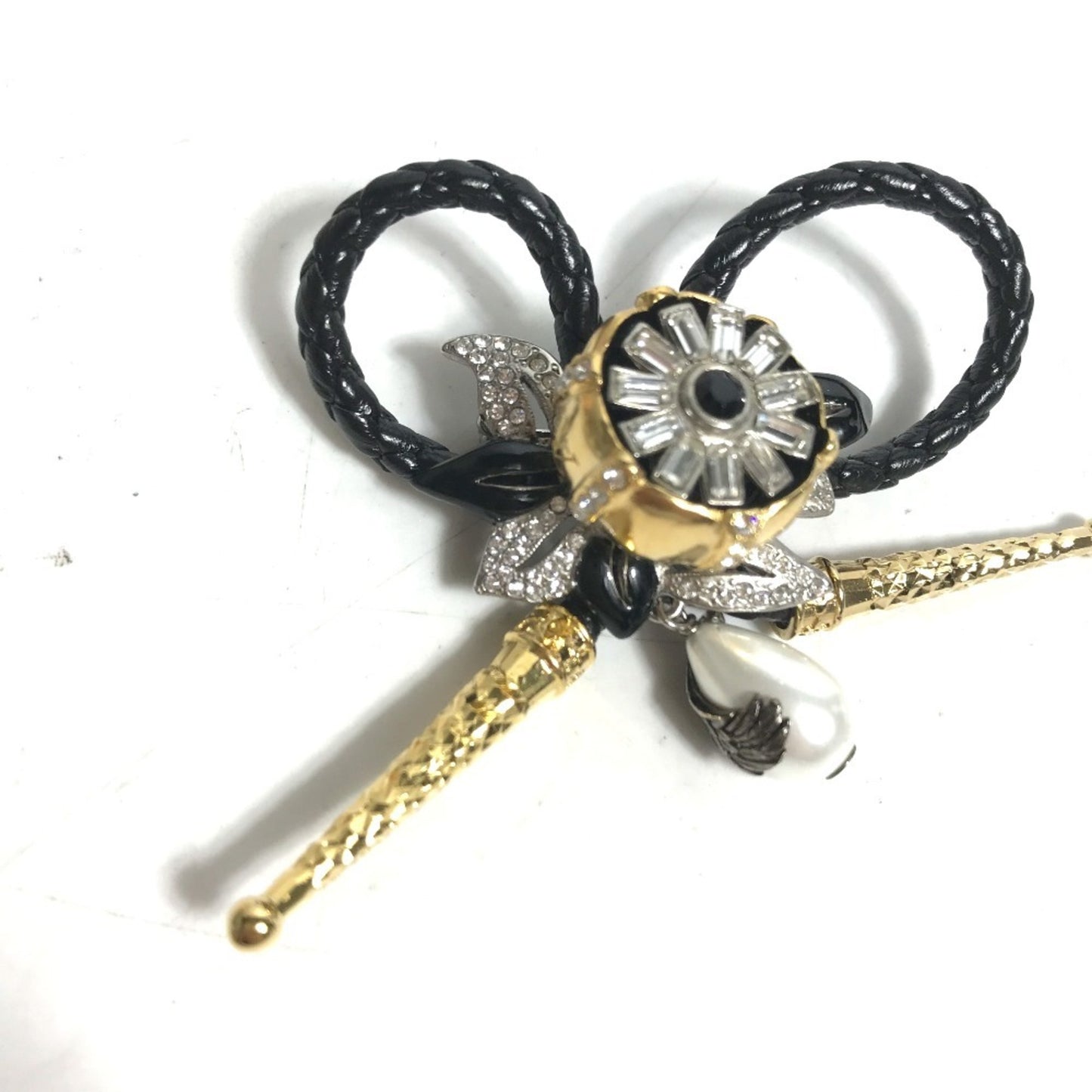 LOUIS VUITTON MP2197 Accessory, Faux Pearl, Fleur Bijou, and Rhinestone Brooch, Leather/Metal, Black, Women's