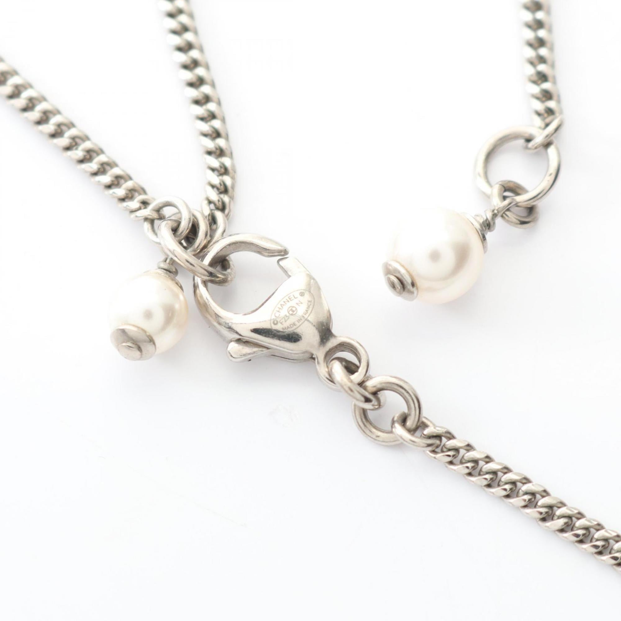 Chanel Coco Mark Heart Necklace, Stainless Steel with Faux Pearls and Rhinestones, Women's, Silver, White, Clear