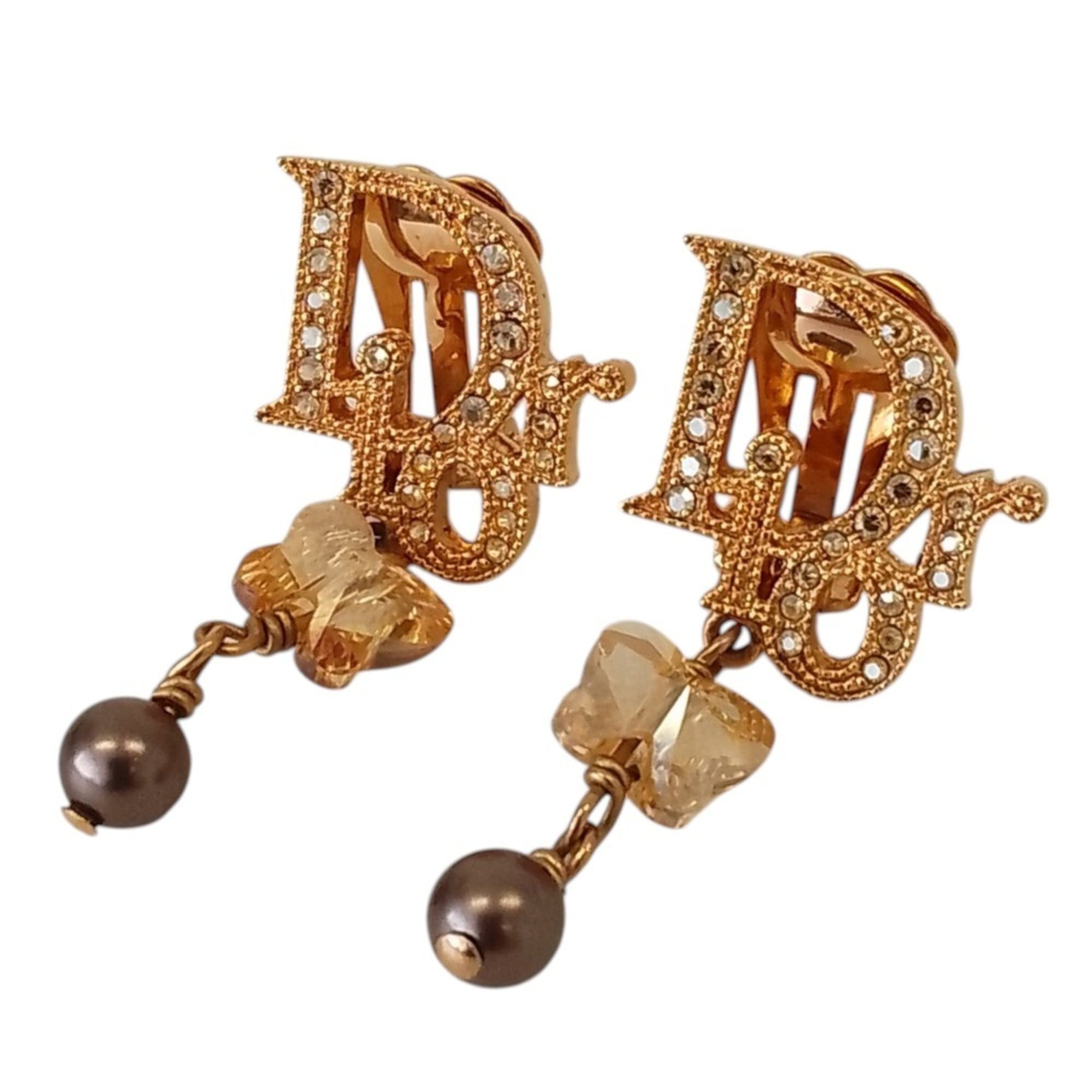 Christian Dior Rhinestone Logo Butterfly Pearl Swing Earrings, GP Gold Color, Women's — Like New