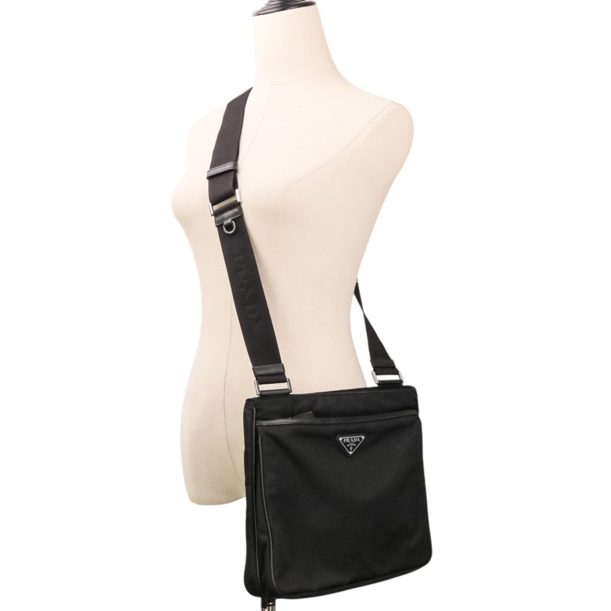 PRADA Re-Nylon Saffiano Leather Triangle Logo Plate Shoulder Bag 2VH118 Black (Men's & Women's) — Like New