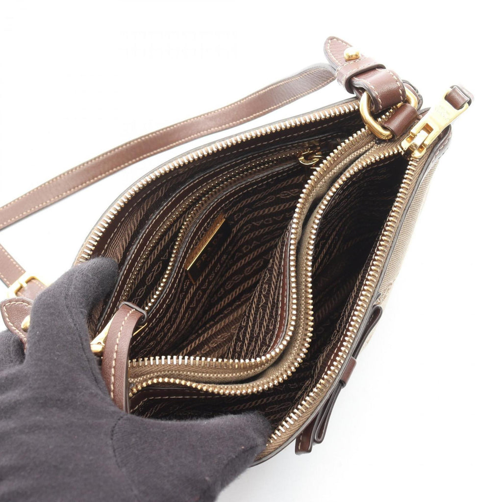Prada Logo Jacquard Shoulder Bag, Canvas and Leather, Women's, Beige Brown, 1BH050