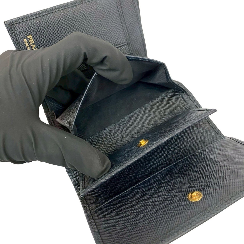 PRADA Prada Logo Ribbon Motif Saffiano Leather Tri-Fold Wallet Black 22218