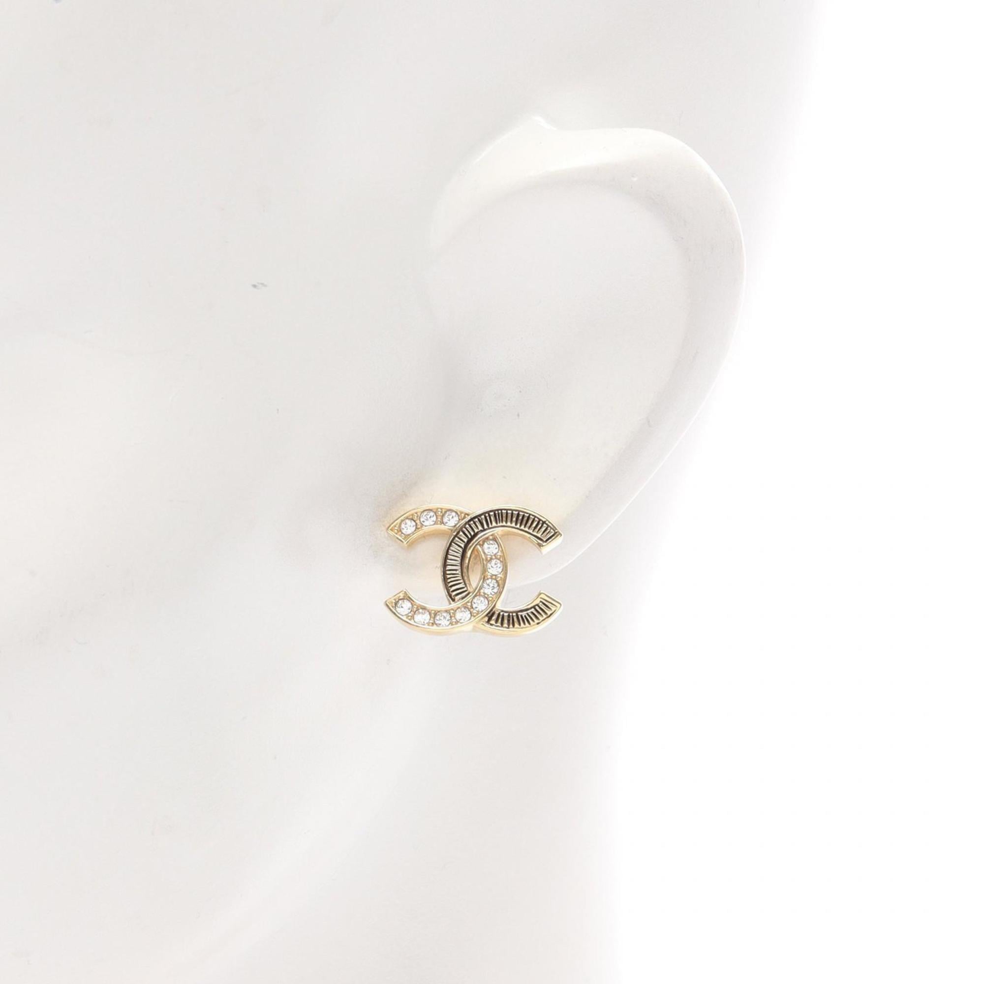 CHANEL Coco Mark Earrings with Gold-Plated Rhinestones, Women's, Gold and Clear, ABG712 B22492