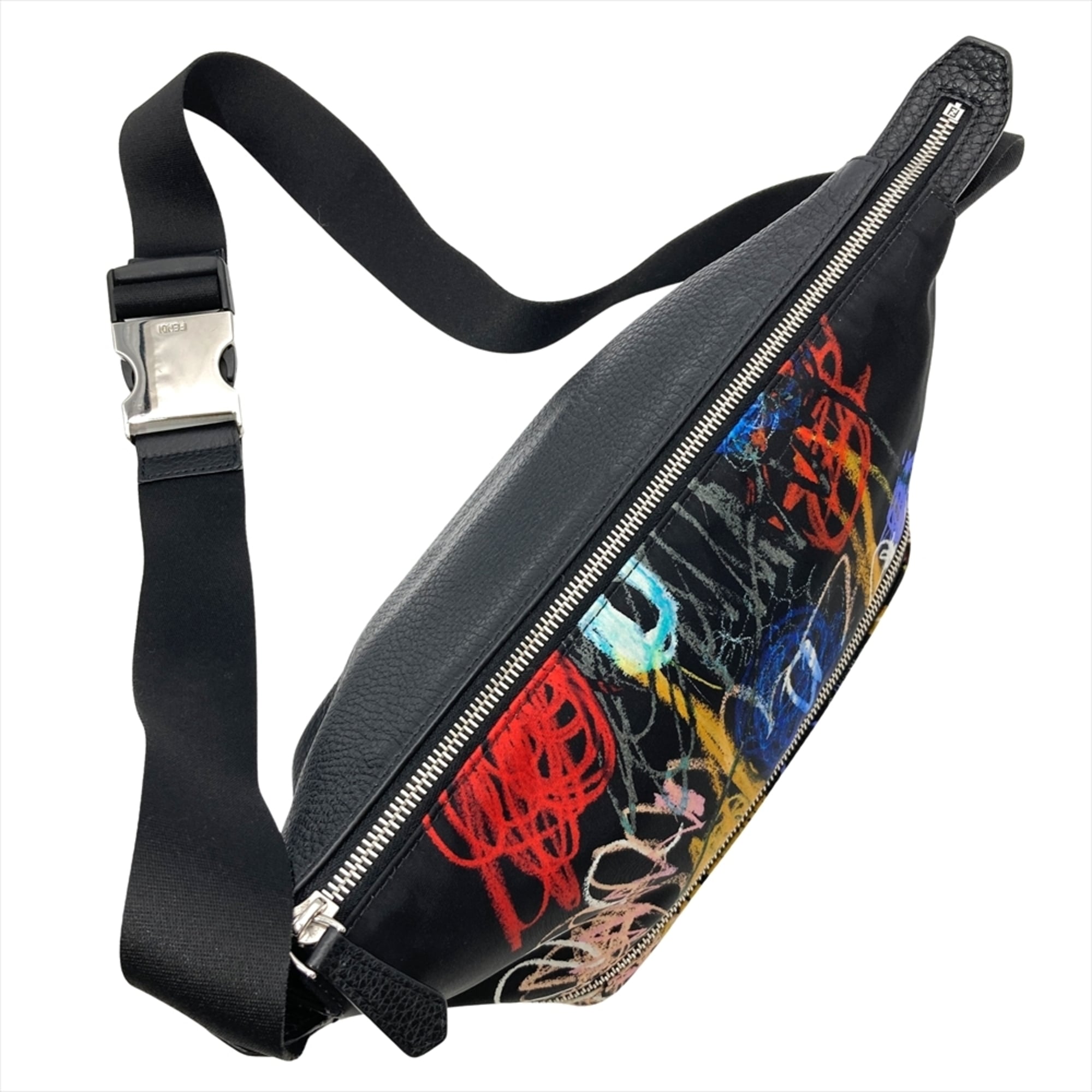 Fendi Noel Fielding collaboration body bag, nylon and leather, 7VA526 AH8T, black with silver hardware graffiti pattern.
