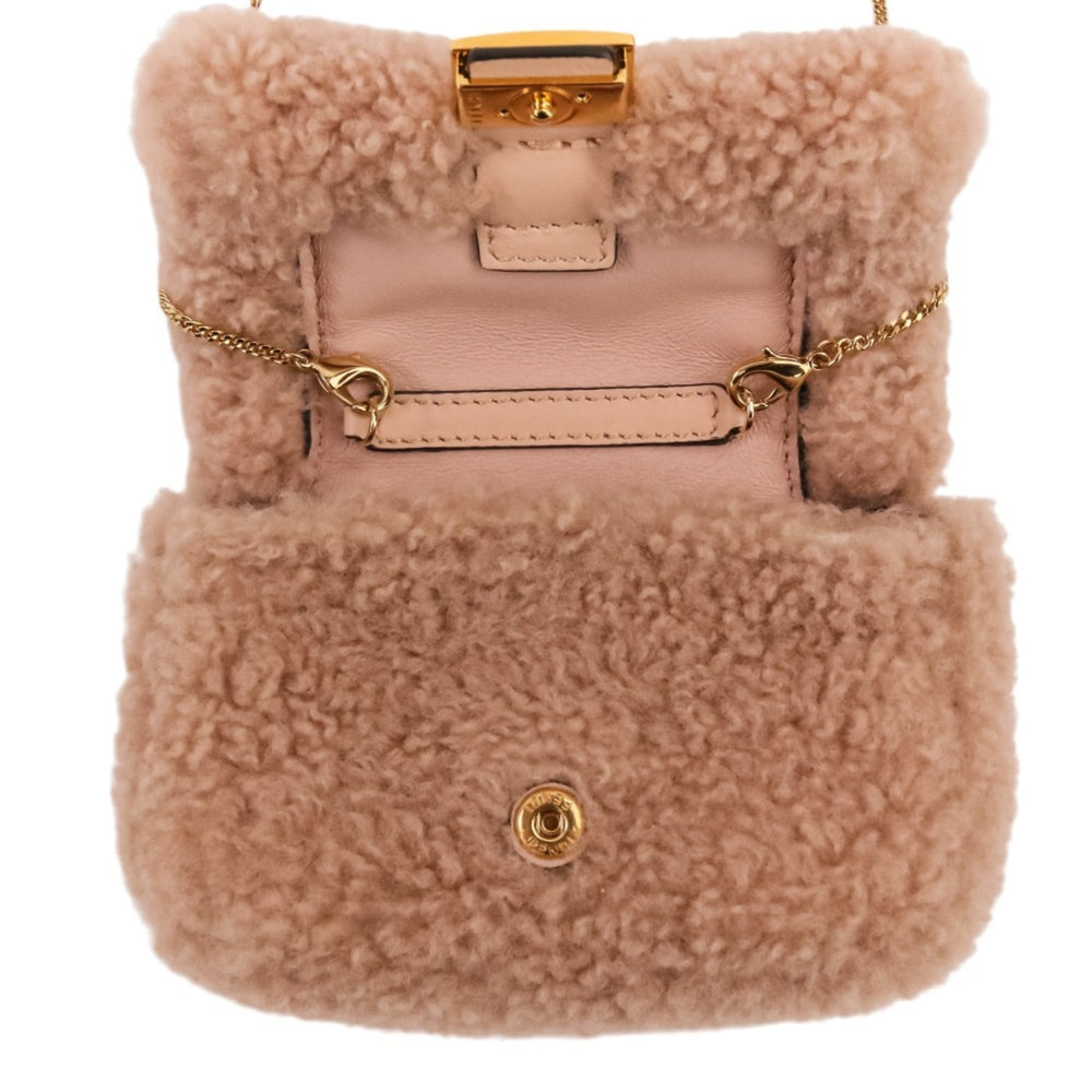 FENDI Nano Baguette Fur Charm Mini Shoulder Bag 7AR844 Pink Beige Women's — Like New