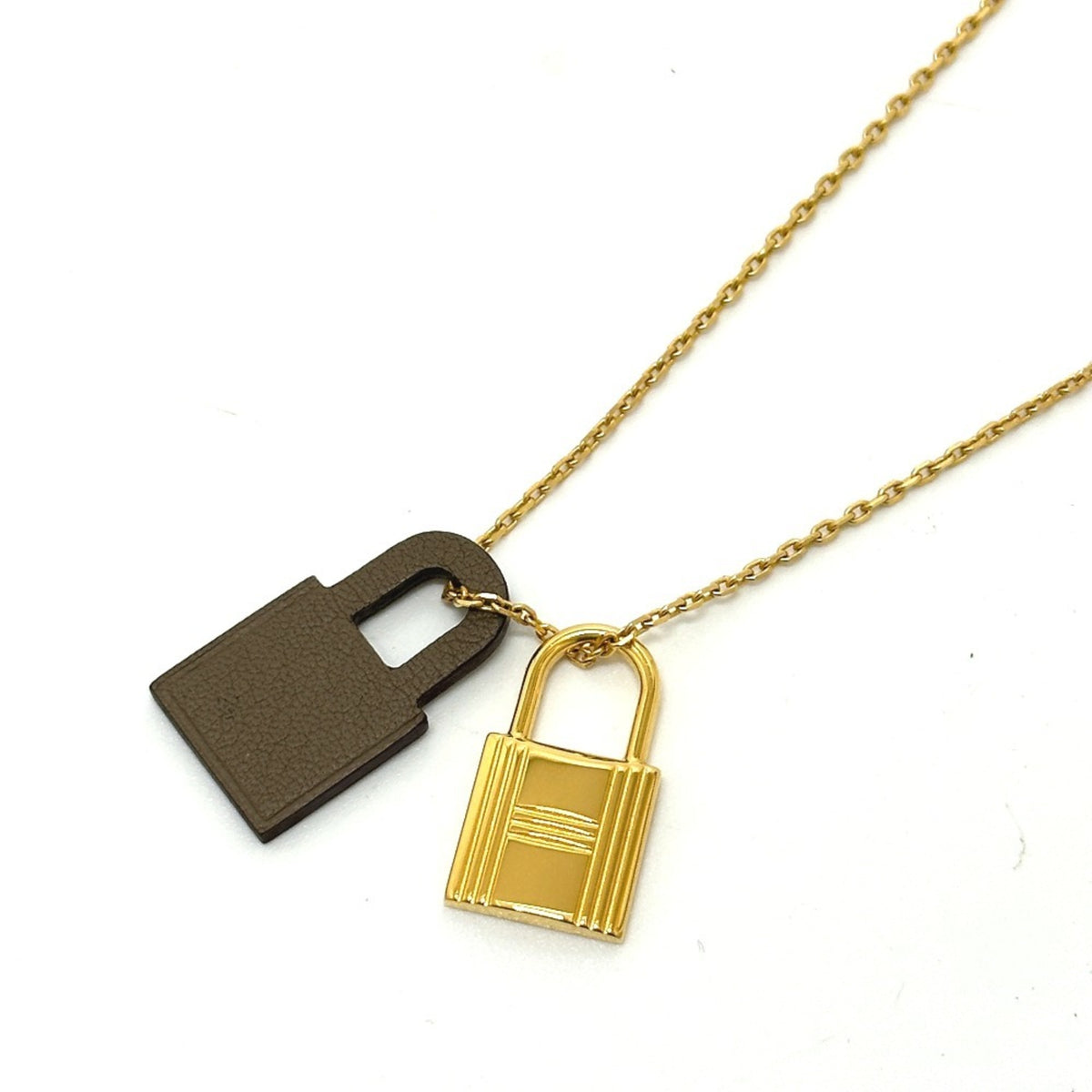 HERMES O'Kelly PM Necklace with Padlock Motif, GP Swift Leather, Etoupe Brown, Like New — Like New