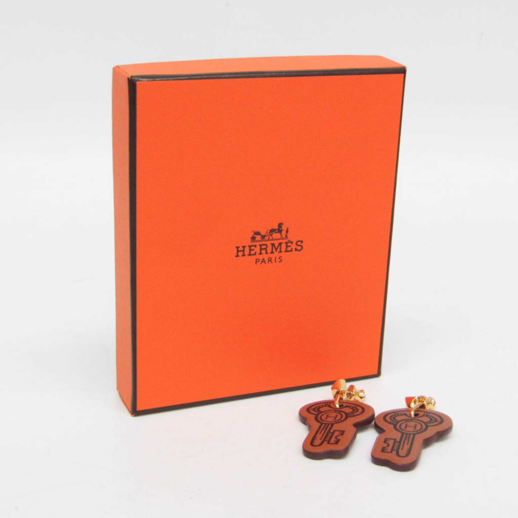 Hermes H Curiosité Cre Leather,Metal Drop Earrings Brown — Like New