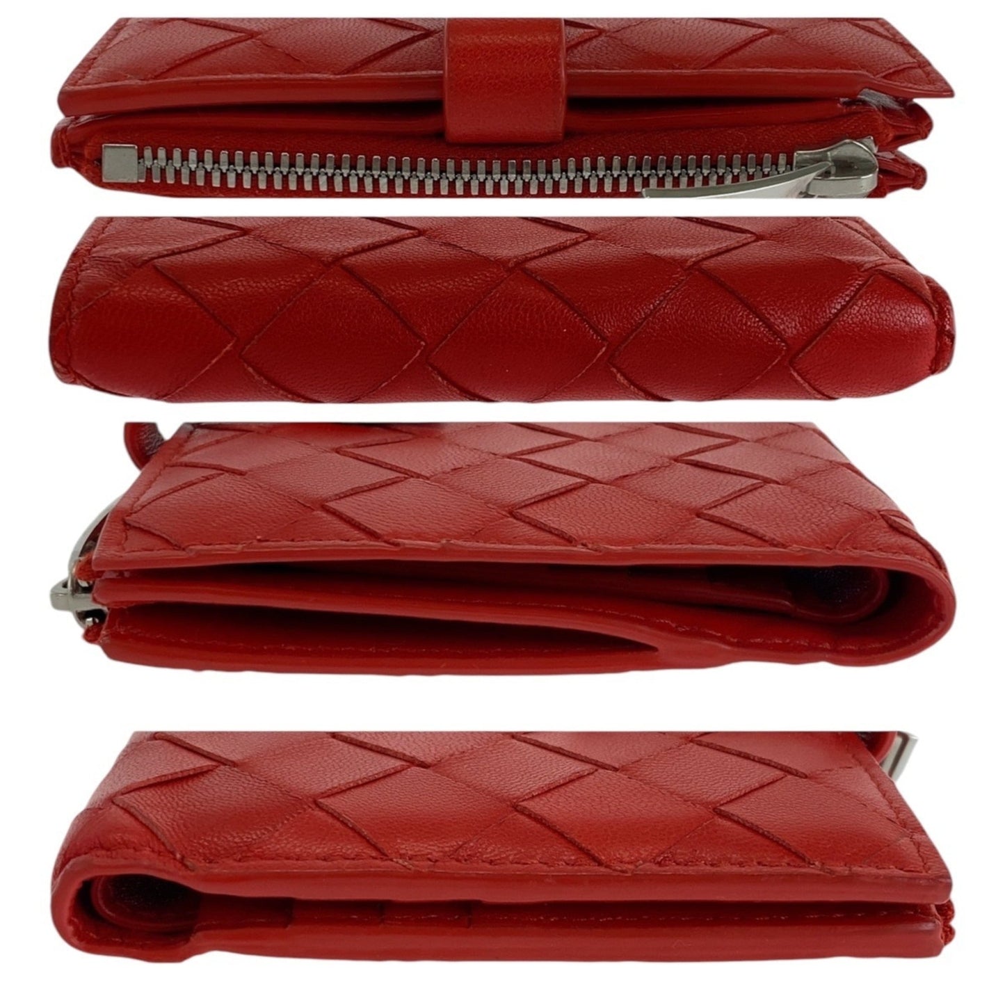 BOTTEGA VENETA Maxi Intrecciato Red Leather Folding Wallet with Silver Hardware, Compact for Women