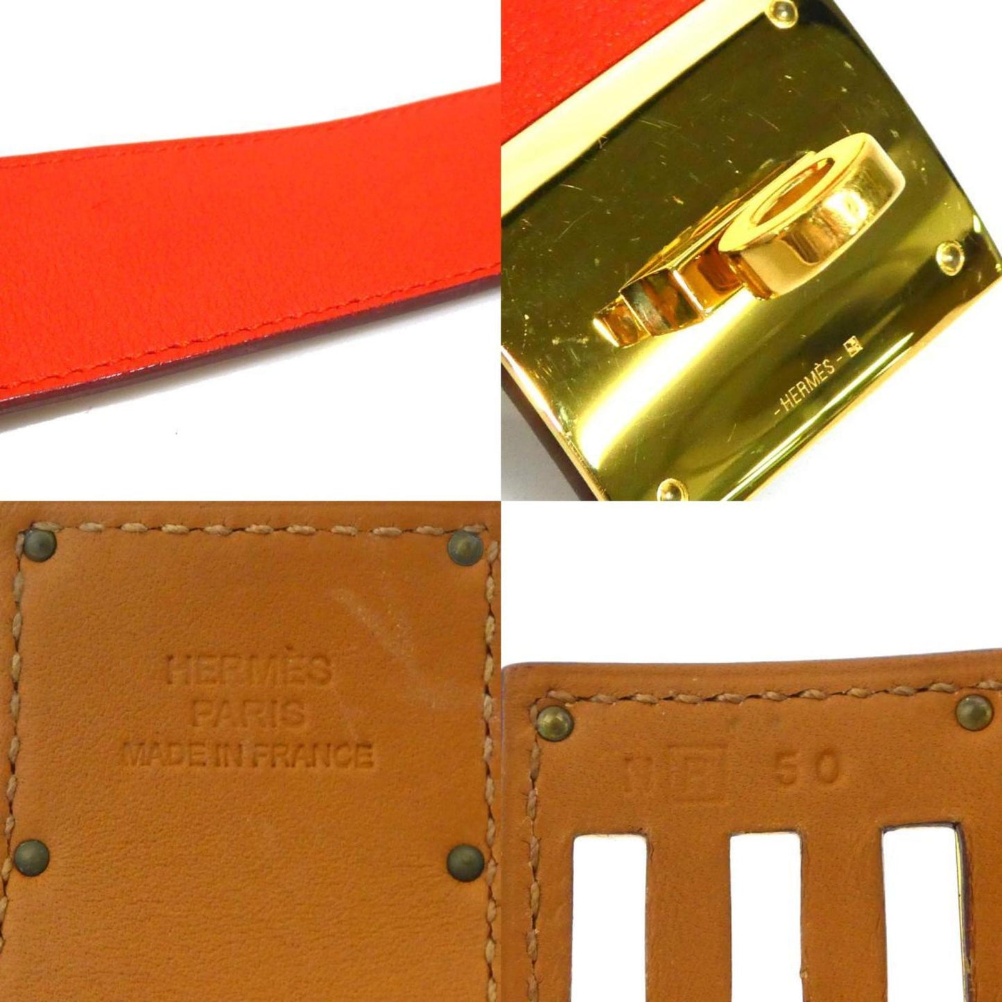 Hermes Kelly Dog Bracelet Leather Metal Orange Red Gold Women's e60389a