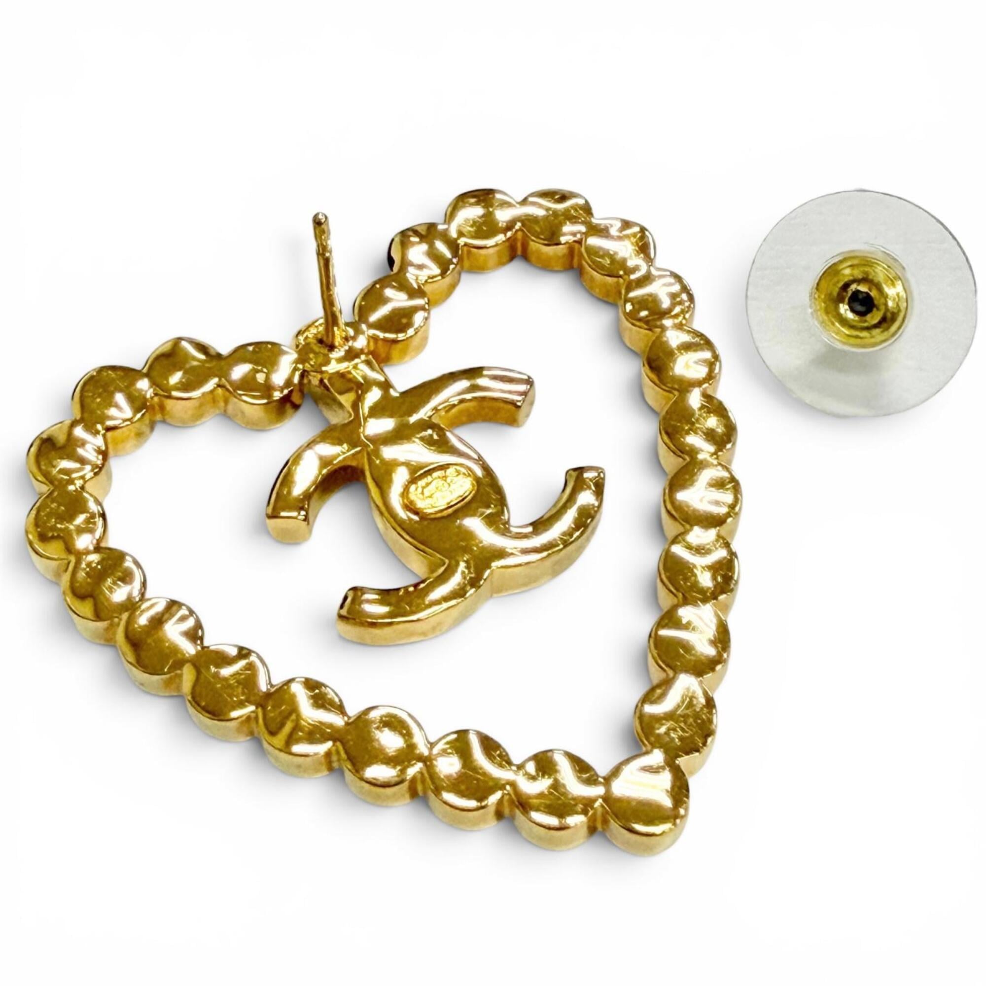CHANEL L23C AB9926 Coco Mark Heart Crystal Rhinestone Earrings (Pair) Gold, Made in Italy, Women's, with Box — Like New