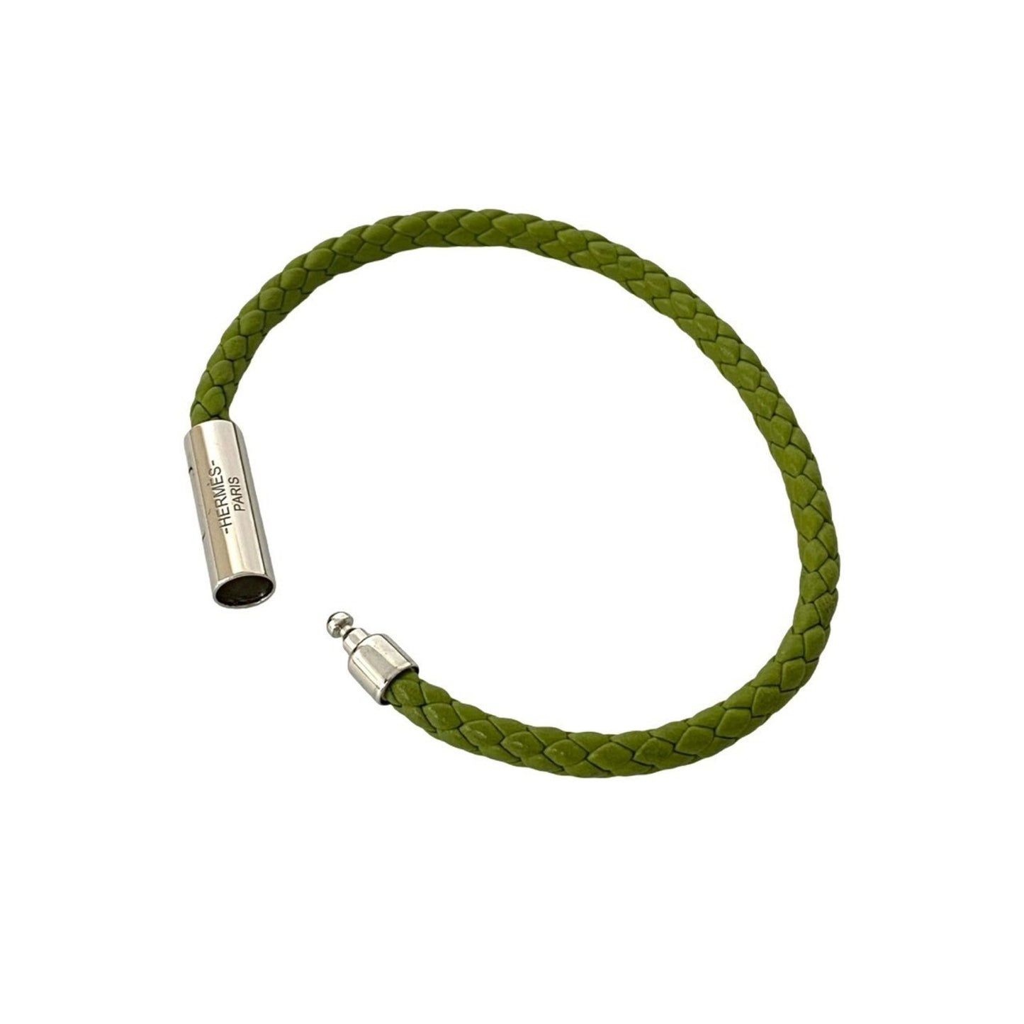 HERMES Goliath Braided Leather Bracelet/Bangle in Light Green and Silver (99739)