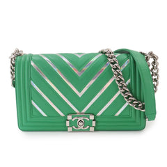 Chanel Boy Chain Shoulder Handbag, Lambskin, Green, A67086, Silver Hardware — Like New