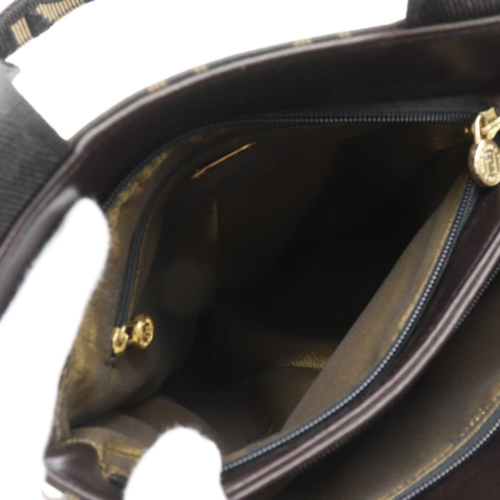 FENDI Mini Tote Handbag, Zucca Pattern, Nylon Canvas, Brown, A5 Size, Women's