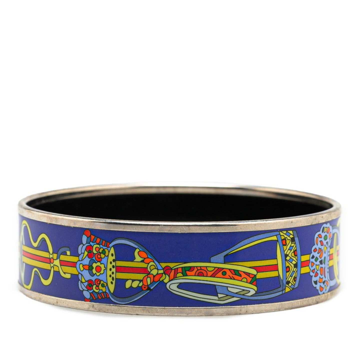Hermes enamel GM cloisonné bangle in silver, blue, and multicolored metal for women.