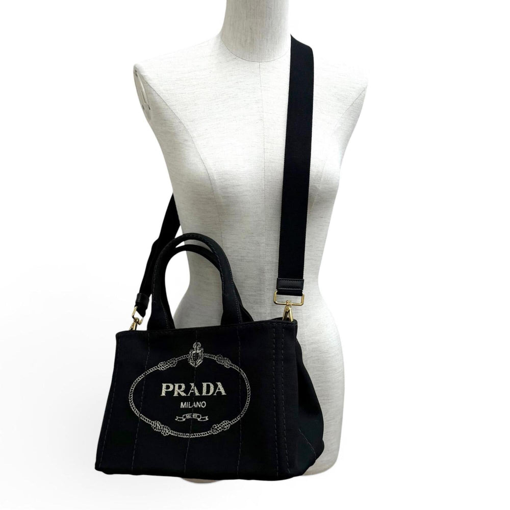 PRADA 1BG439 Canapa NERO Triangle Logo Plate Design Canvas 2-way Tote Bag for Women with Dust — Like New