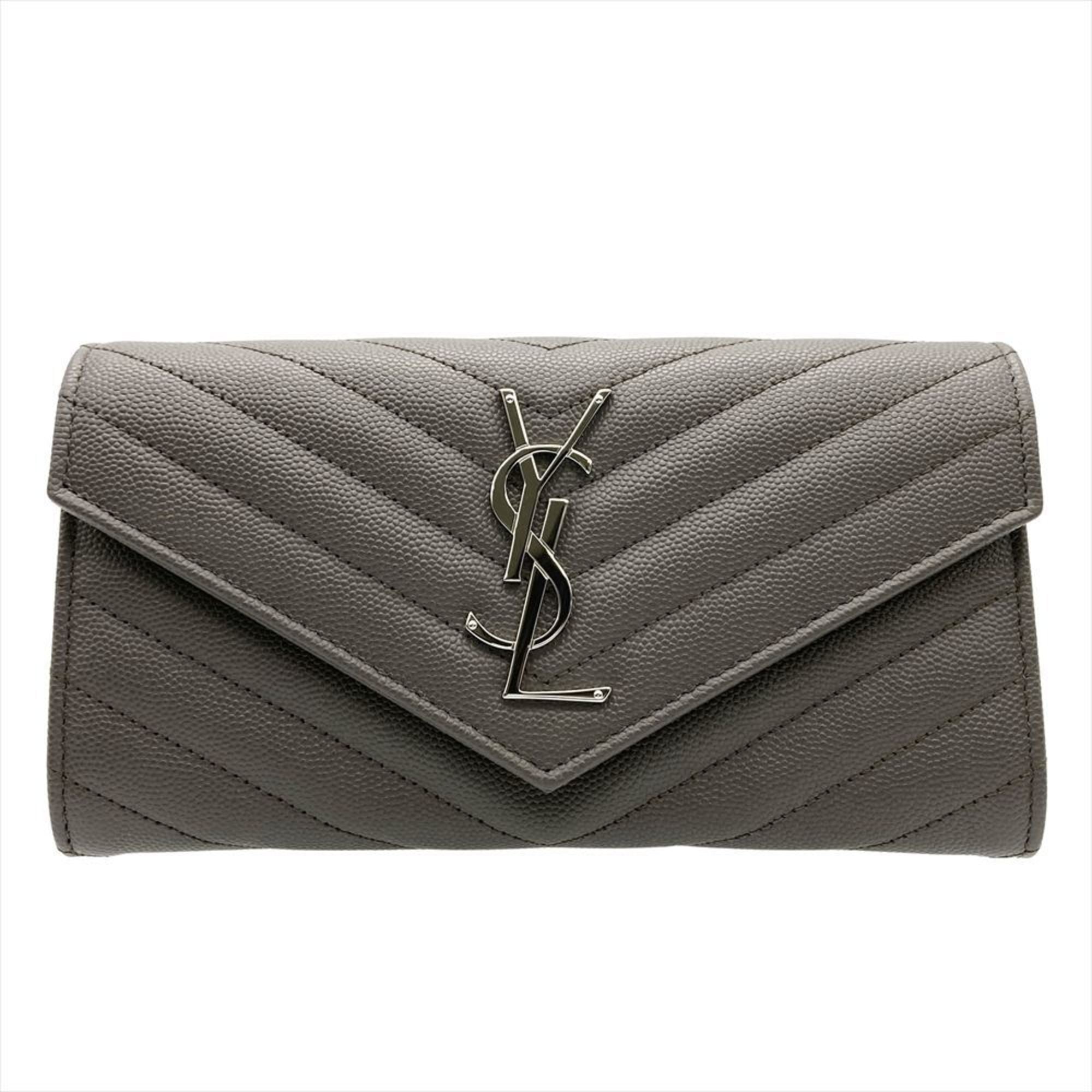 Saint Laurent YSL Cassandra V-Stitch Leather Long Wallet, 372264, Gray, Unisex