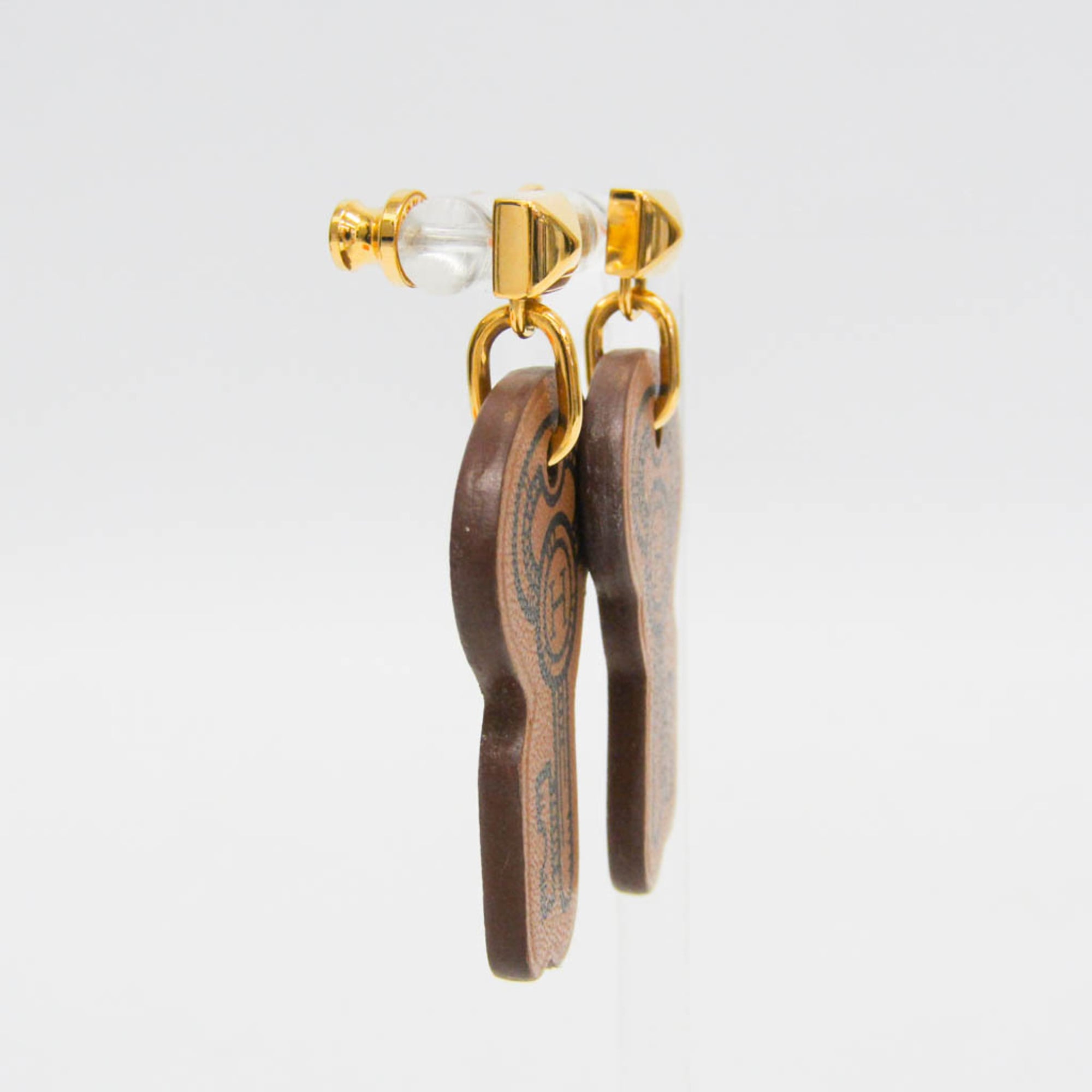 Hermes H Curiosité Cre Leather,Metal Drop Earrings Brown — Like New