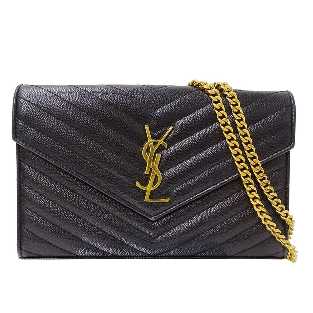 Saint Laurent Women's Shoulder Wallet Grain de Poudre Leather Cassandra Classic Chain Black