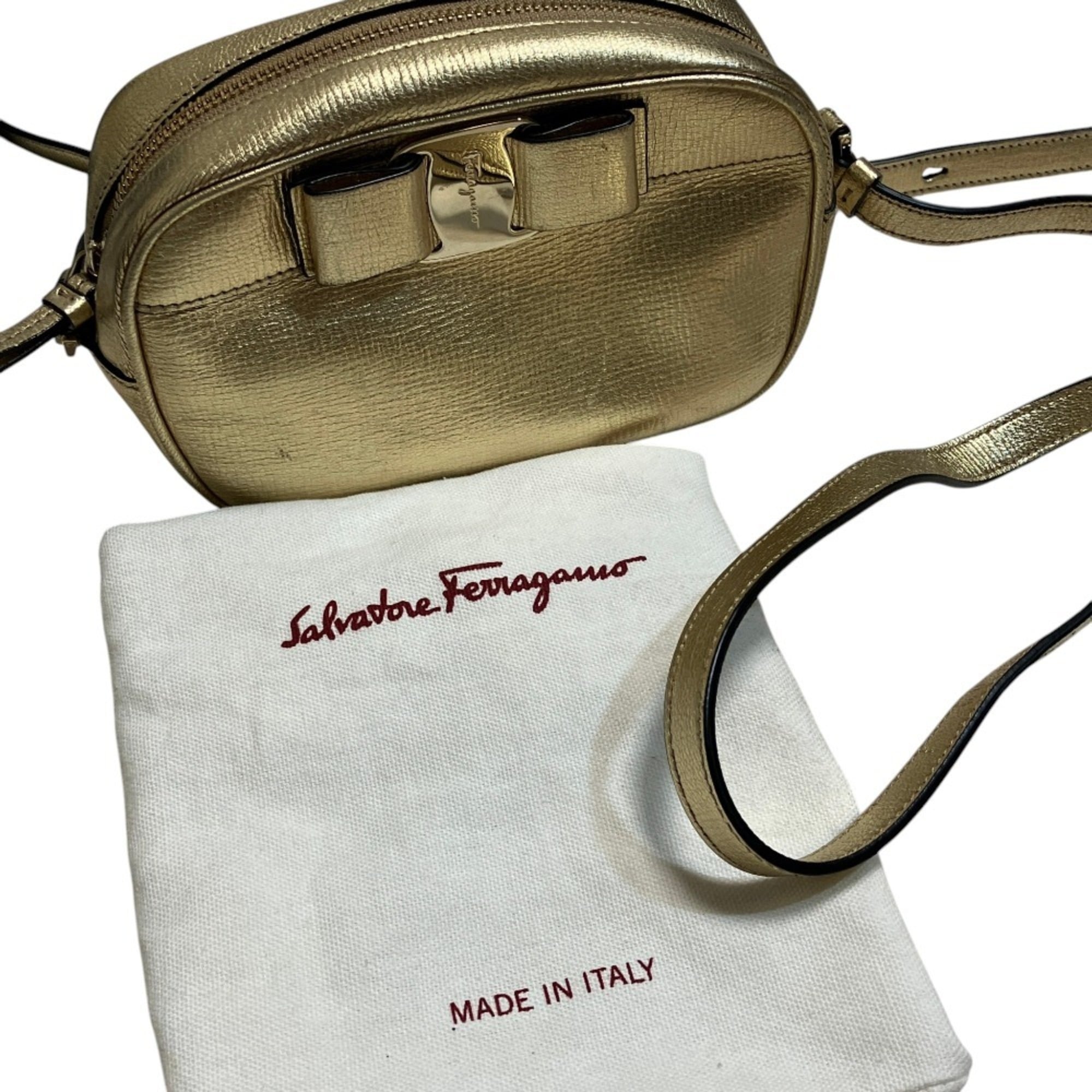 Salvatore Ferragamo Vara Ribbon Camera Shoulder Bag AU-21 H498 Gold Color Women's — Like New
