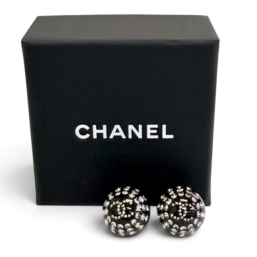 CHANEL D26A Coco Mark Crystal Rhinestone Monotone Stud Earrings, Black, Made in France, Women's, with Box. (Pair) — Like New