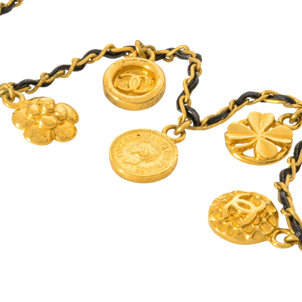 CHANEL Choker Necklace, Metal, Leather, 96 P Engraved, Gold, Coco Mark, Coin, Medal, Clover, Camellia, Women's