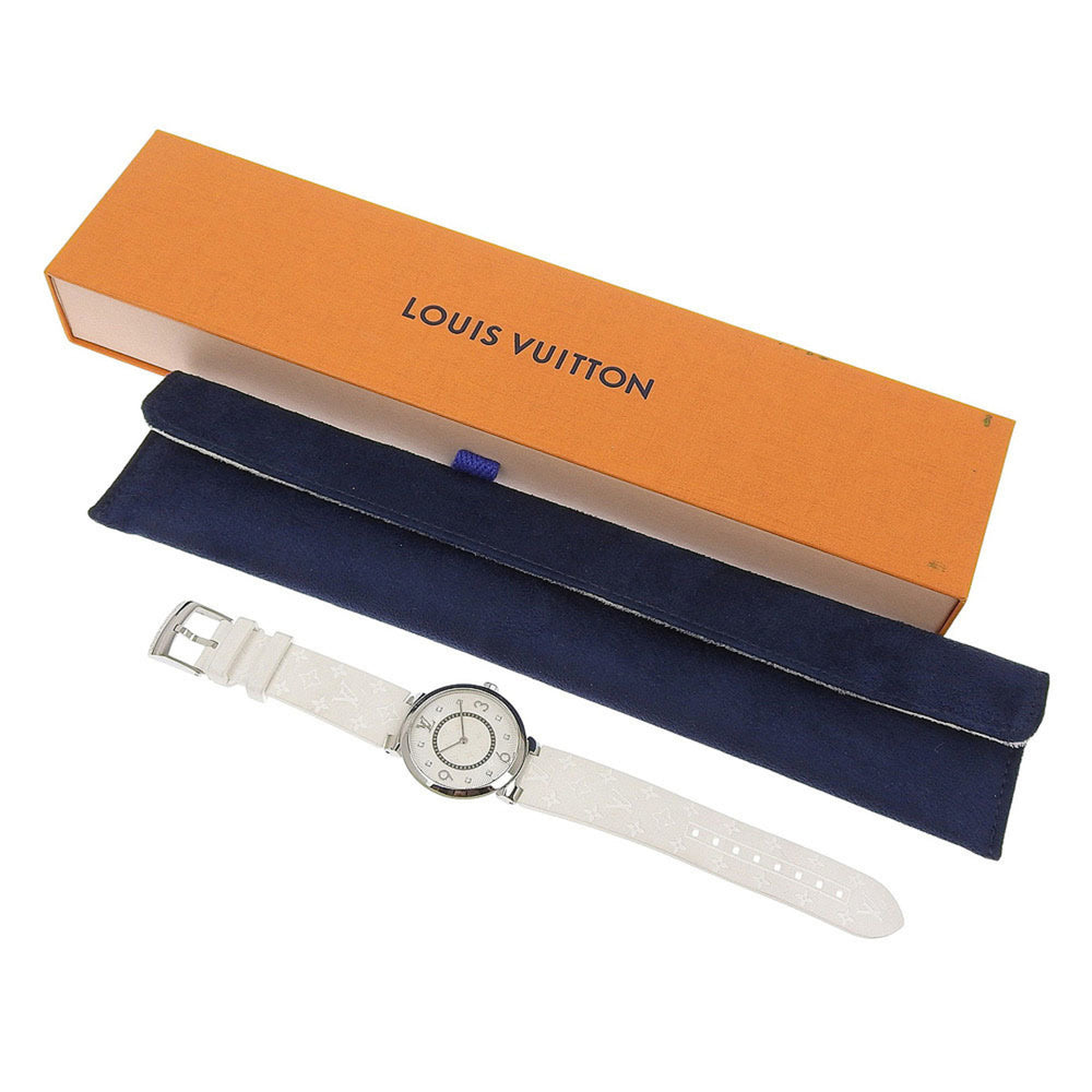 Like new Louis Vuitton Tambour MM Q13MJ white dial watch with 8 diamonds, stainless steel and rubber case, quartz movement, 33mm — Like New