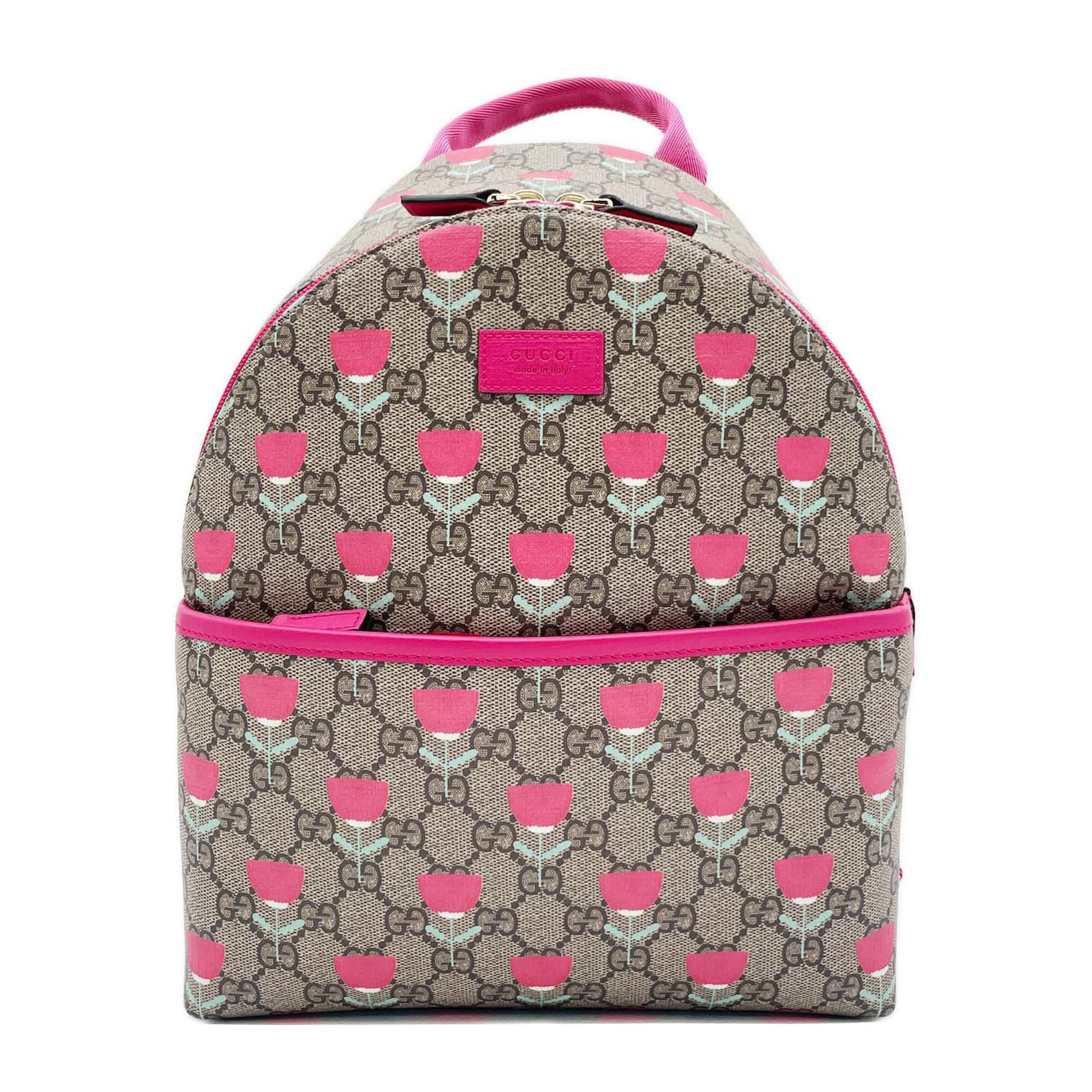 GUCCI Children's Tulip Backpack/Daypack, Flower Design, GG Supreme, 782708, Coated Canvas, Brown, Men's/Women's — Like New