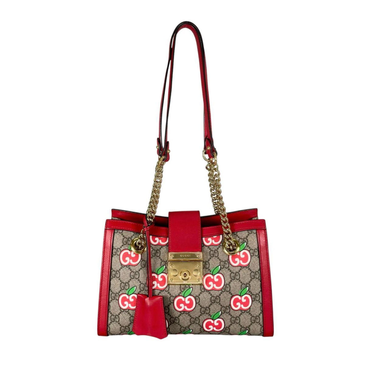 Gucci GG Apple Padlock Shoulder Bag, Canvas, 498156, Beige x Red Multicolor — Like New