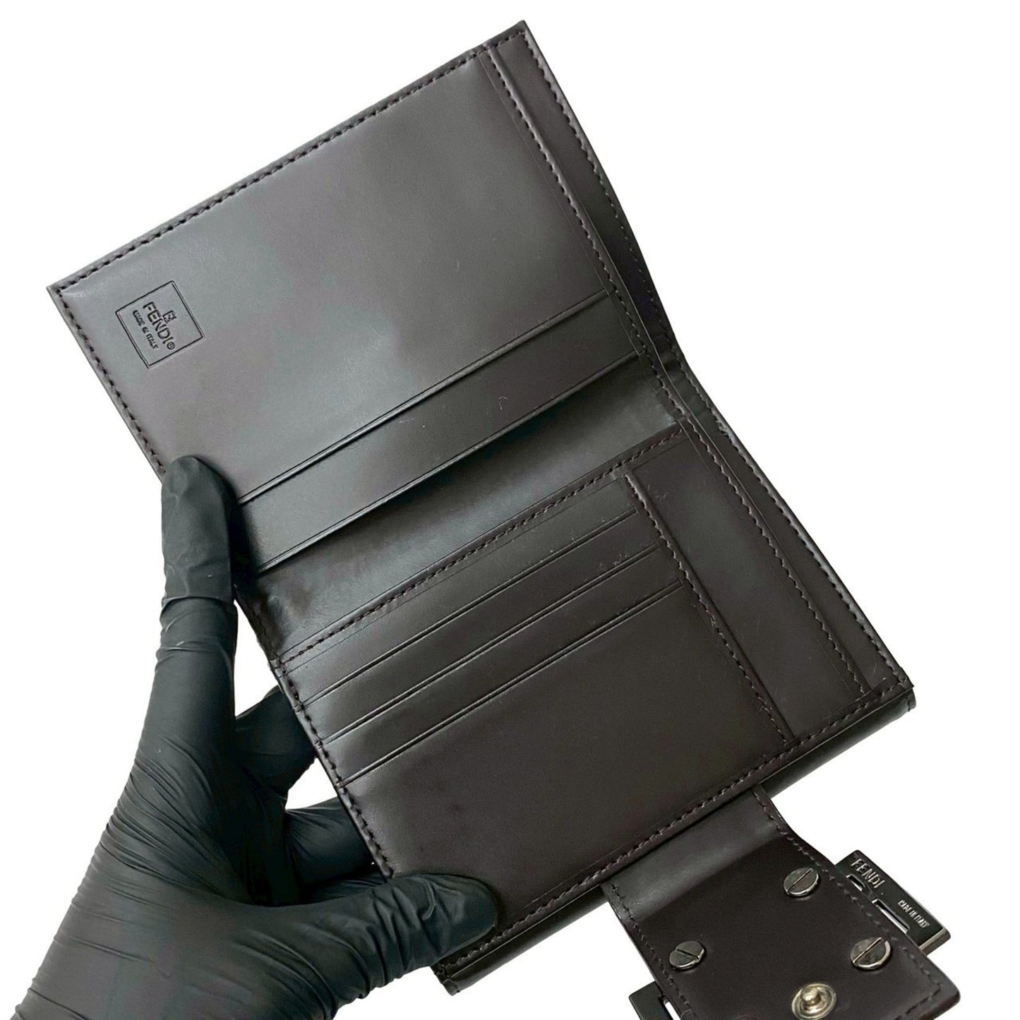 FENDI Zucchino FF Logo Leather Canvas Bifold Wallet Mini Brown 317-7