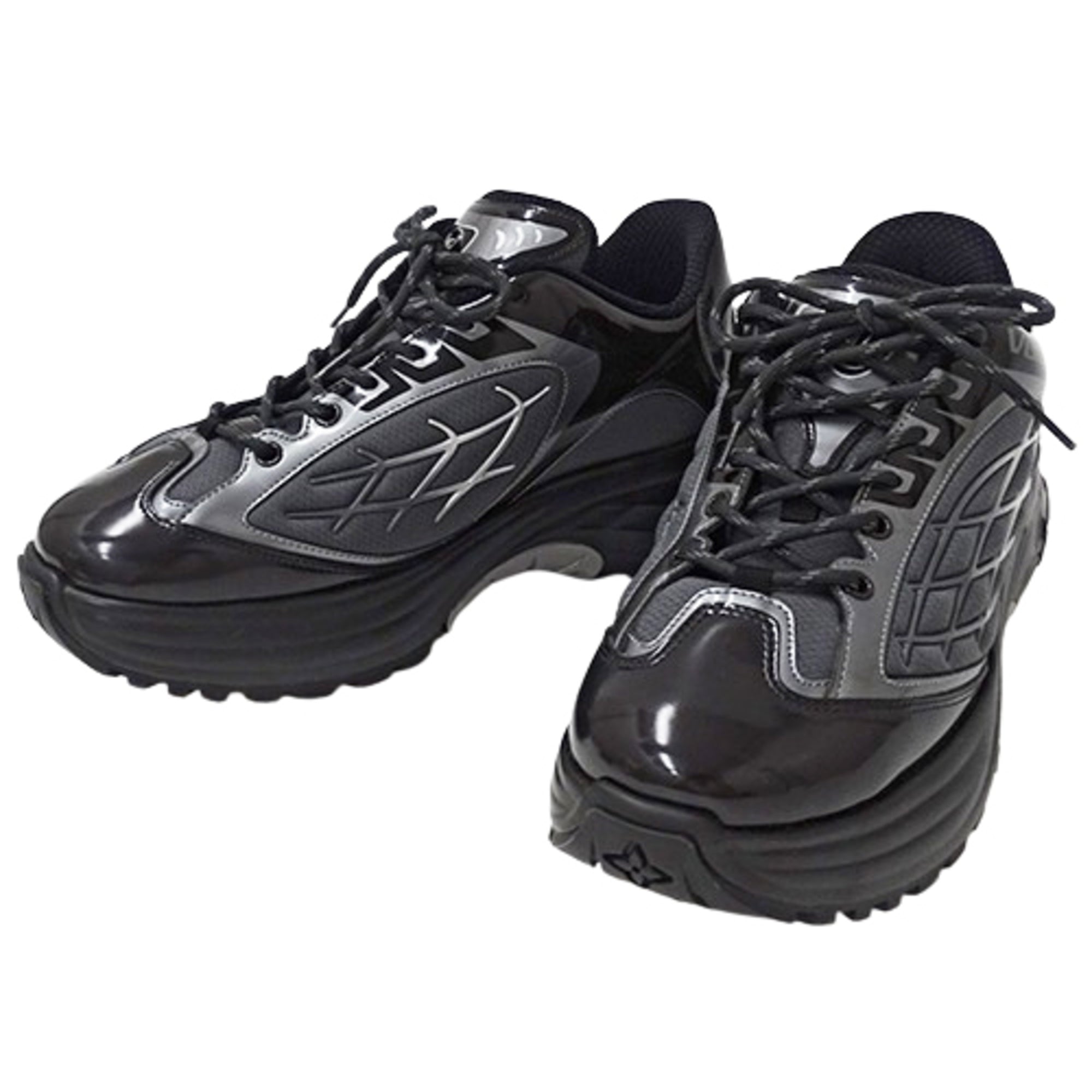 Louis Vuitton Men's Discovery Line Sneakers, Patent Leather Mesh Noir, Size 6 1/2 (Approx. 25.5cm), Black, Platform Sole, Box Included.