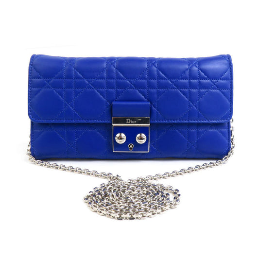 Christian Dior Wallet Chain Cannage Leather Blue Silver Women's e60064g