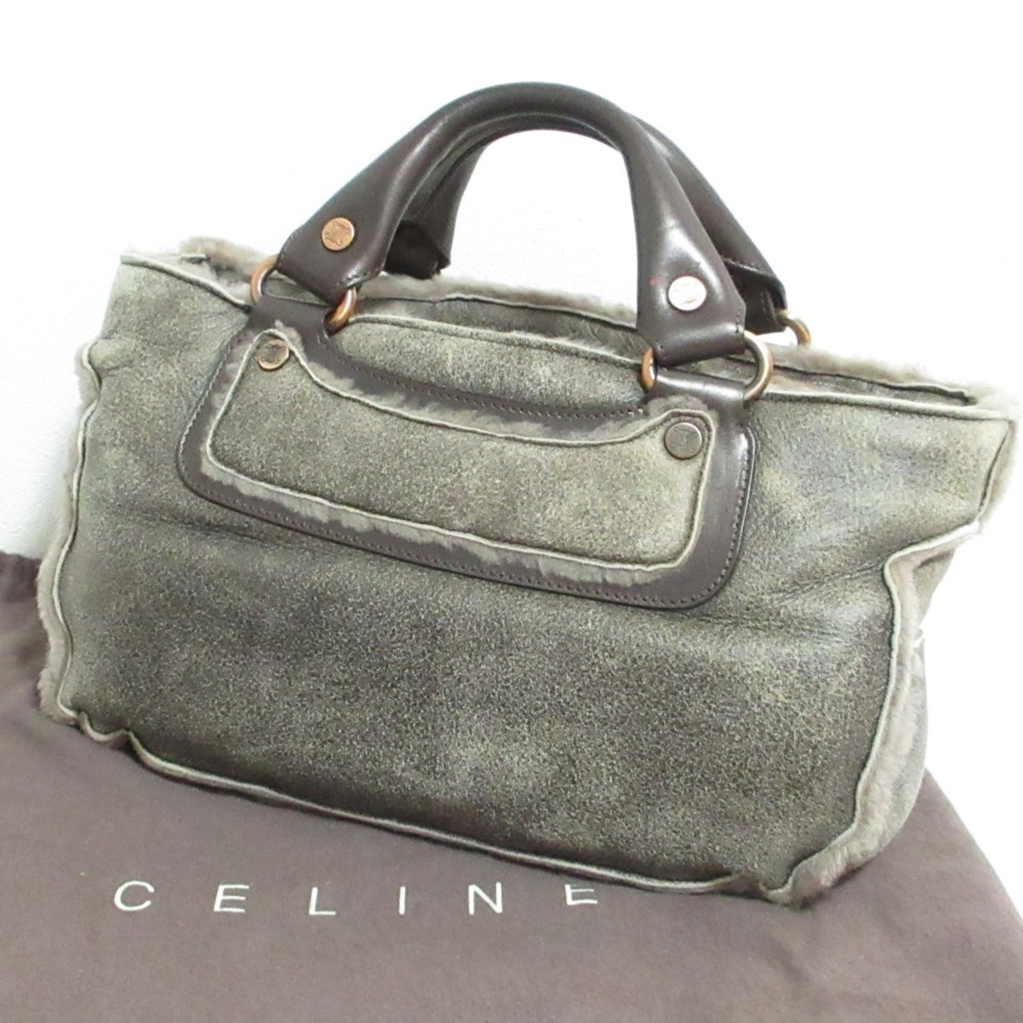 CELINE Mouton Sheepskin Leather Boogie Bag Handbag, Gray, Women's