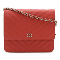 CHANEL V-Stitch Chevron Chain Wallet Shoulder Bag Pochette Caviar Leather Red Pink — Like New