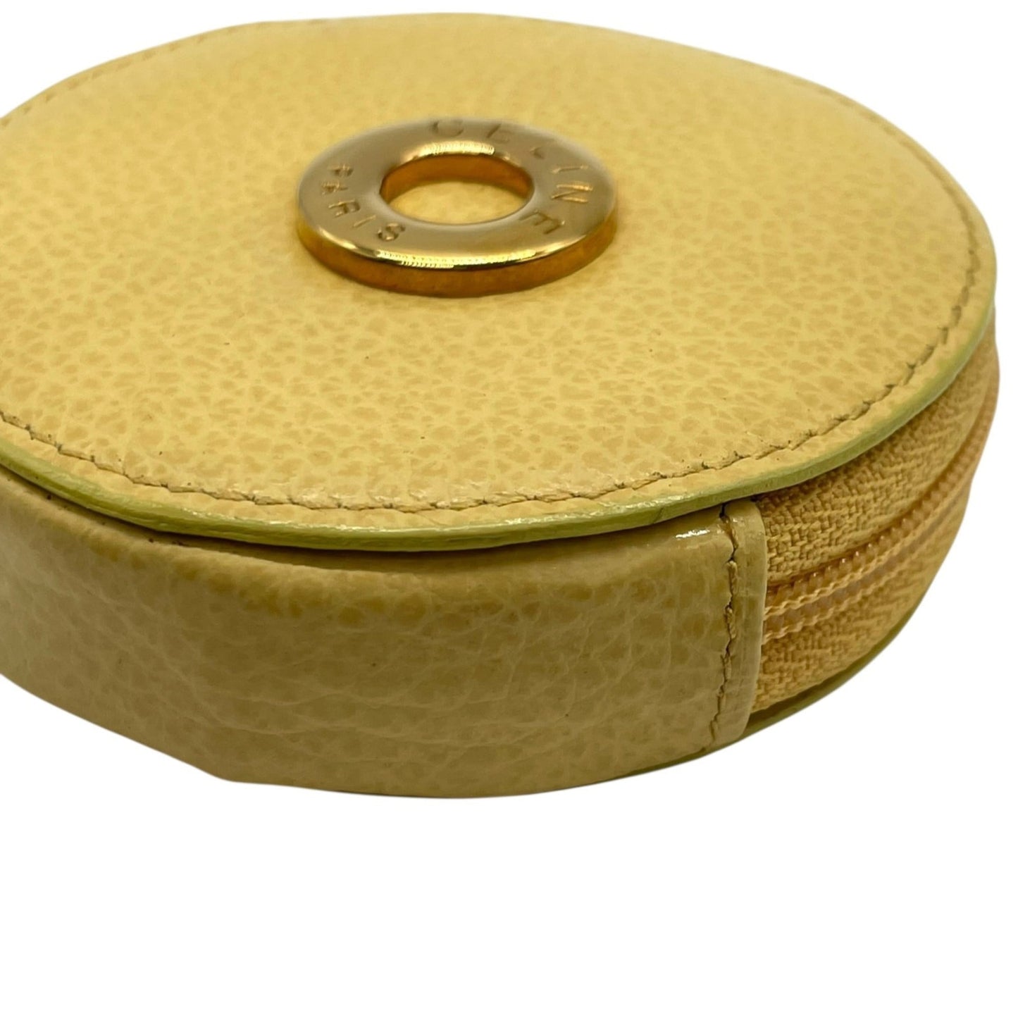 Celine Round Circle Logo Wallet/Coin Case, Beige, Gold Hardware, Yellow Leather, M3