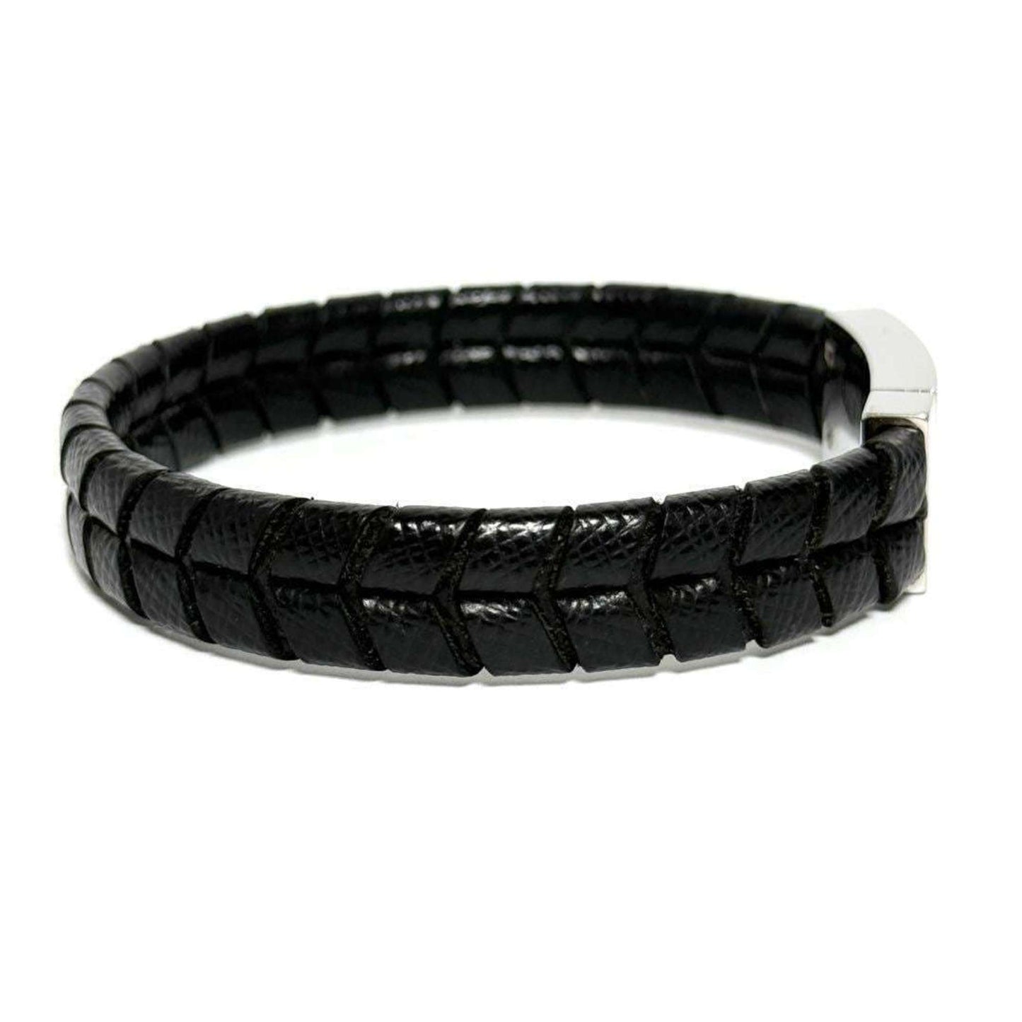 Prada Men's Logo Plate Leather Bracelet Black