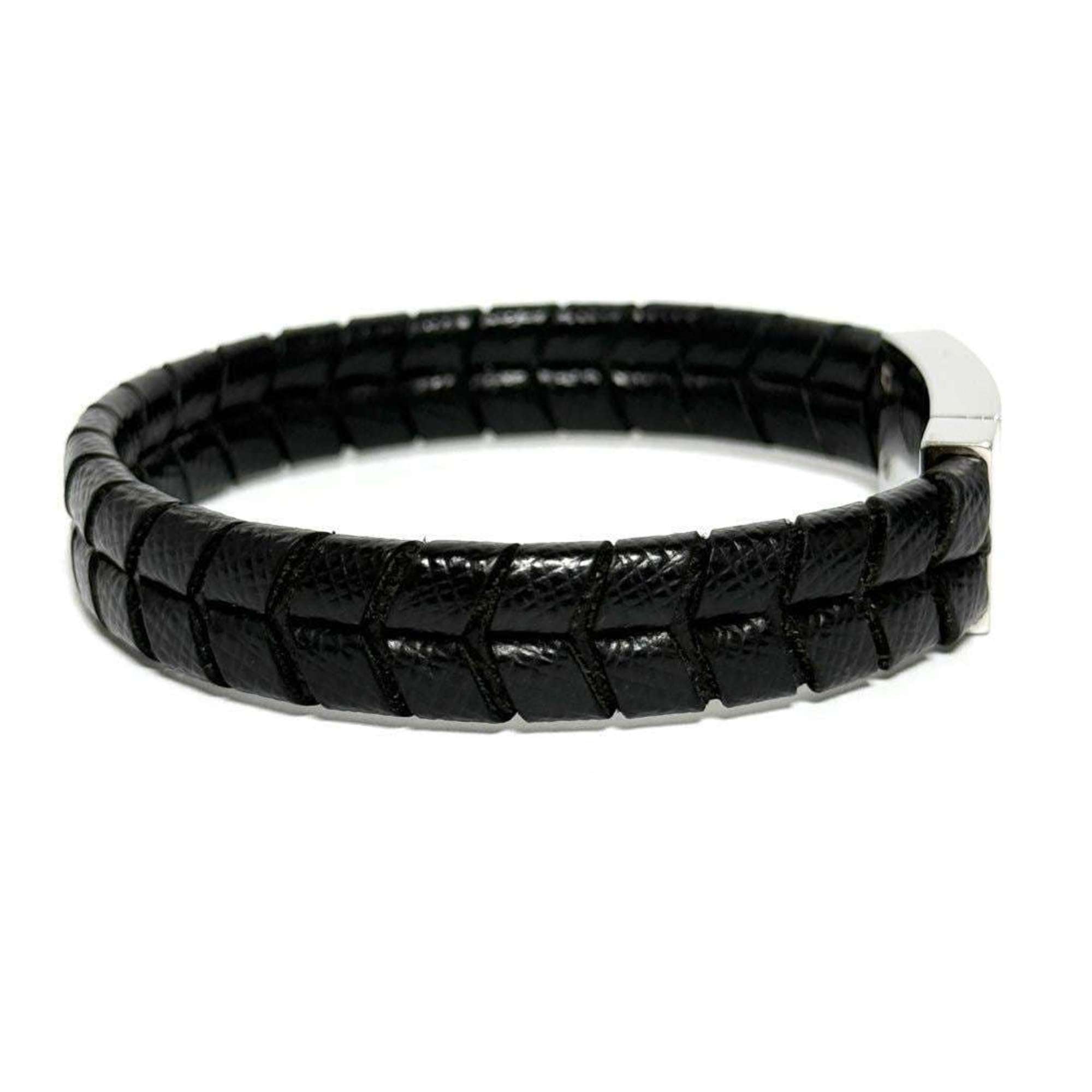 Prada Men's Logo Plate Leather Bracelet Black