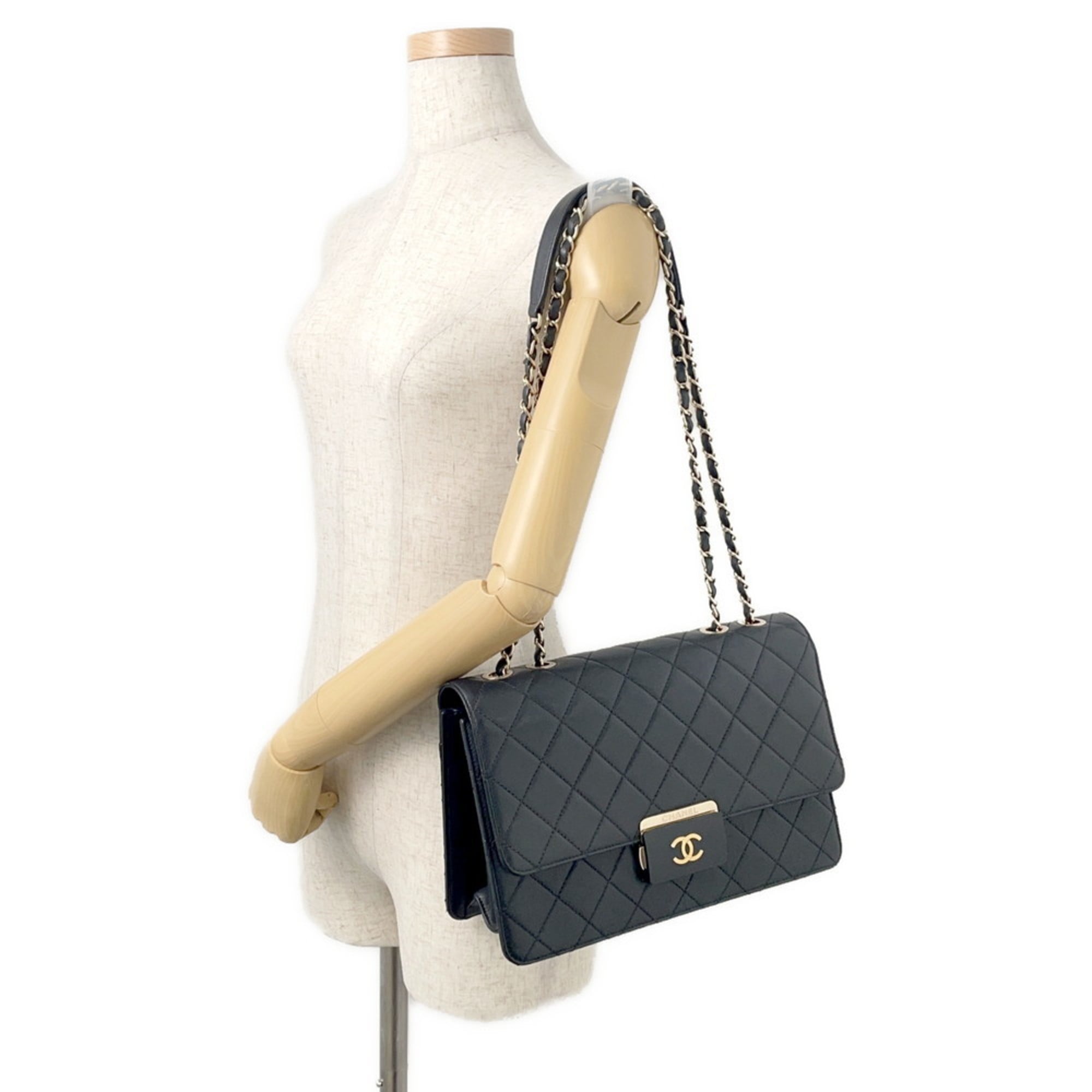 CHANEL Chain Shoulder Bag, Coco Mark, Beauty Lock, Matelasse Leather, A93223, Black