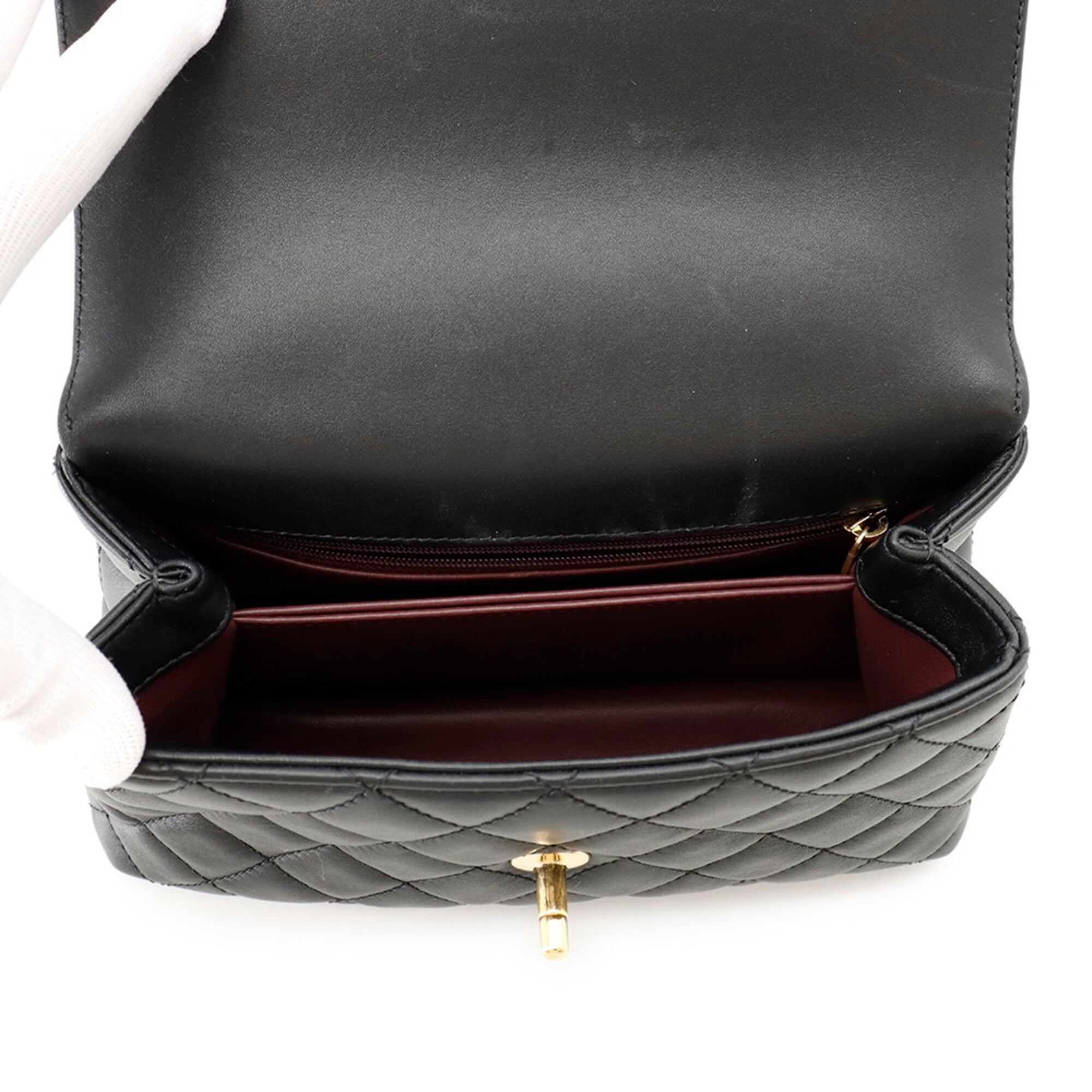 Chanel Matelassé handbag, Coco Mark, Handle, Lambskin, A92990, CHANEL 2-way shoulder bag, Black, handbag for women — Like New
