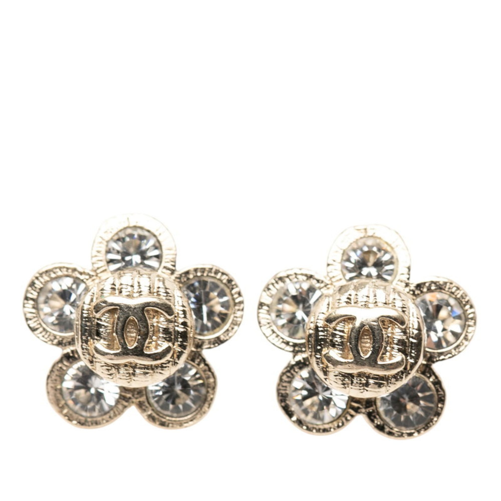Chanel Coco Mark Flower Motif Earrings, Gold Plated with Rhinestones, Women's
