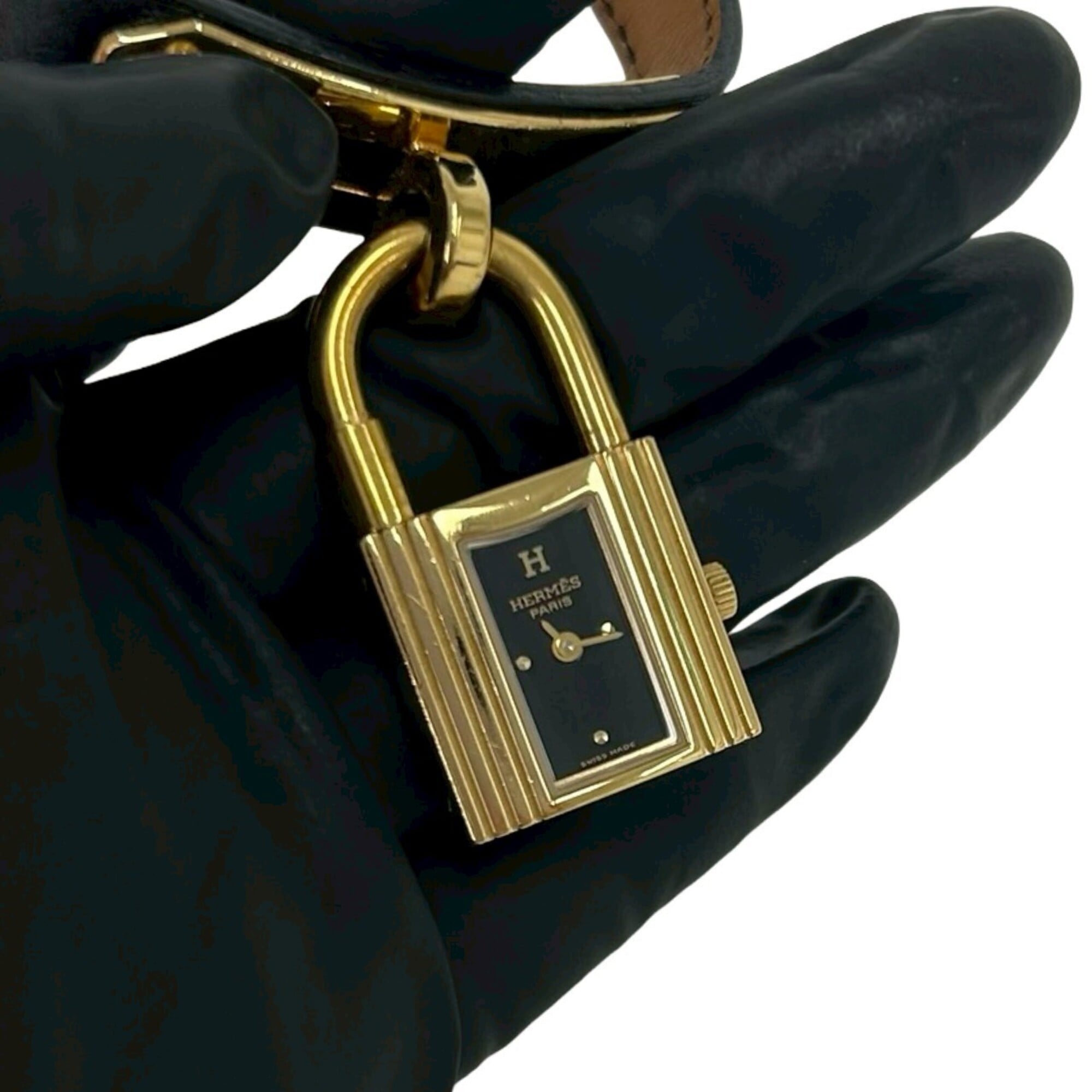 HERMES Vintage Kelly Watch, Leather, Genuine GP Finish, Wristwatch, Black & Gold, 82135 — Good
