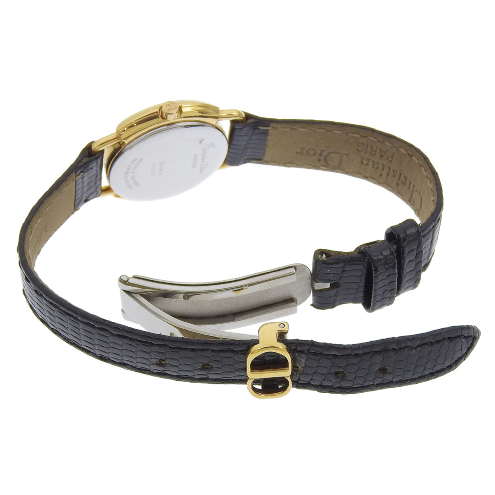 Christian Dior watch, model 58.121.2, gold-plated leather strap, gold quartz, analog, white dial, women's — Very Good