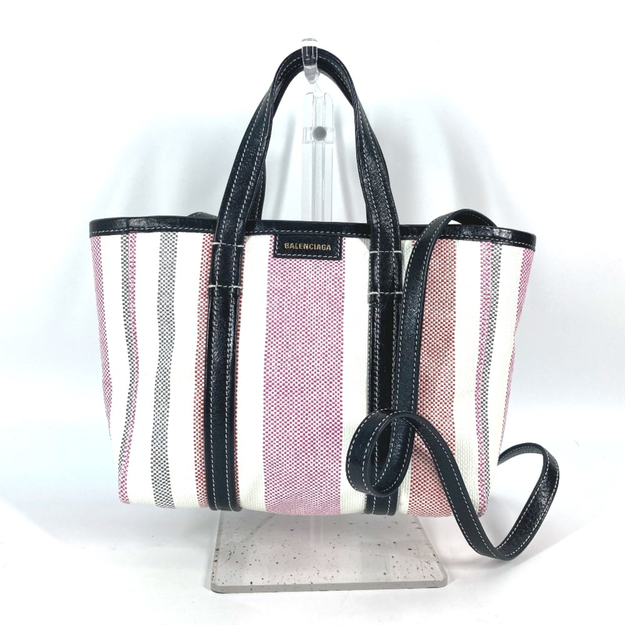 Balenciaga 671404 stripe 2WAY Shoulder Bag Crossbody Tote Bag Hand Bag pink Black x White — Like New
