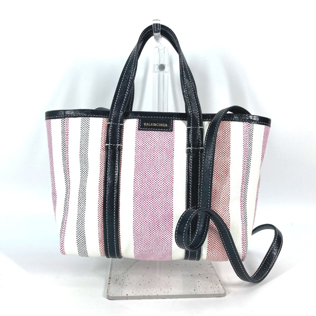 Balenciaga 671404 stripe 2WAY Shoulder Bag Crossbody Tote Bag Hand Bag pink Black x White — Like New